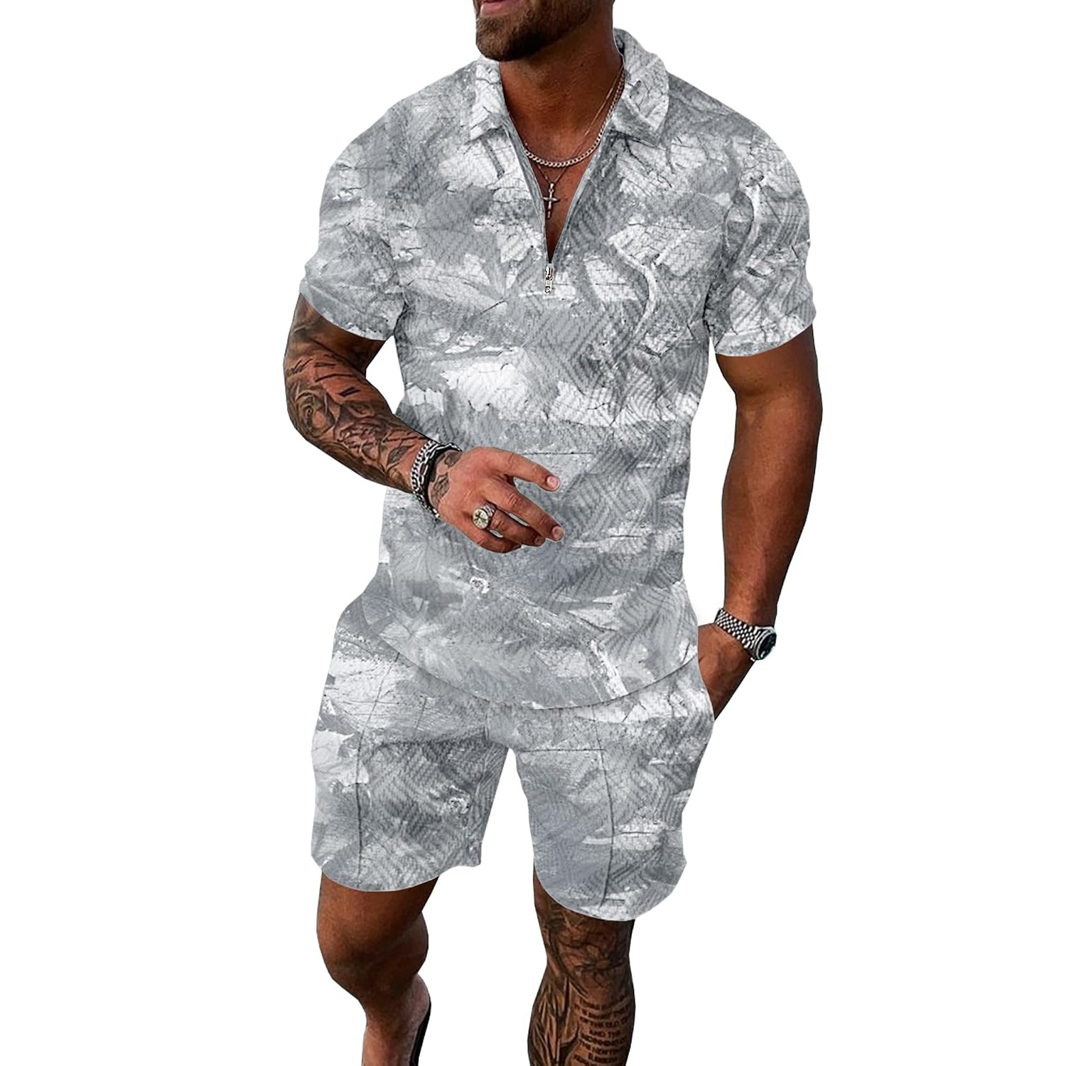 Summer Track Short Sleeve Suit Set With Zip For Men