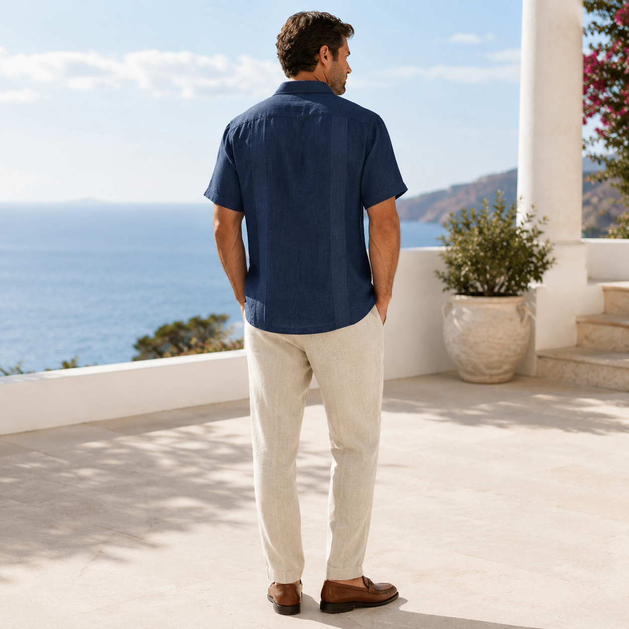 Casual Beach Shirt With Cuban Camp Style And Button Down Front For Men