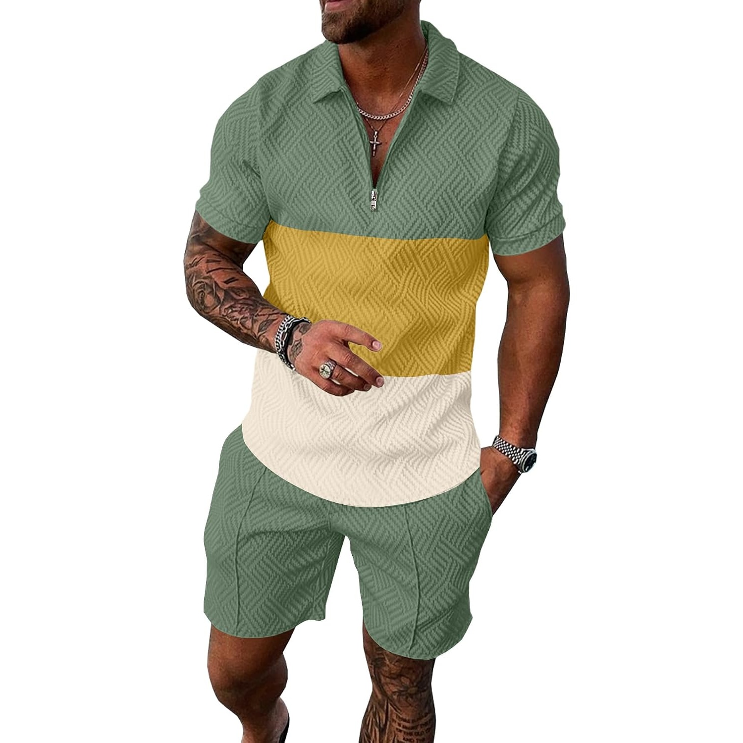 Summer Track Short Sleeve Suit Set With Zip For Men