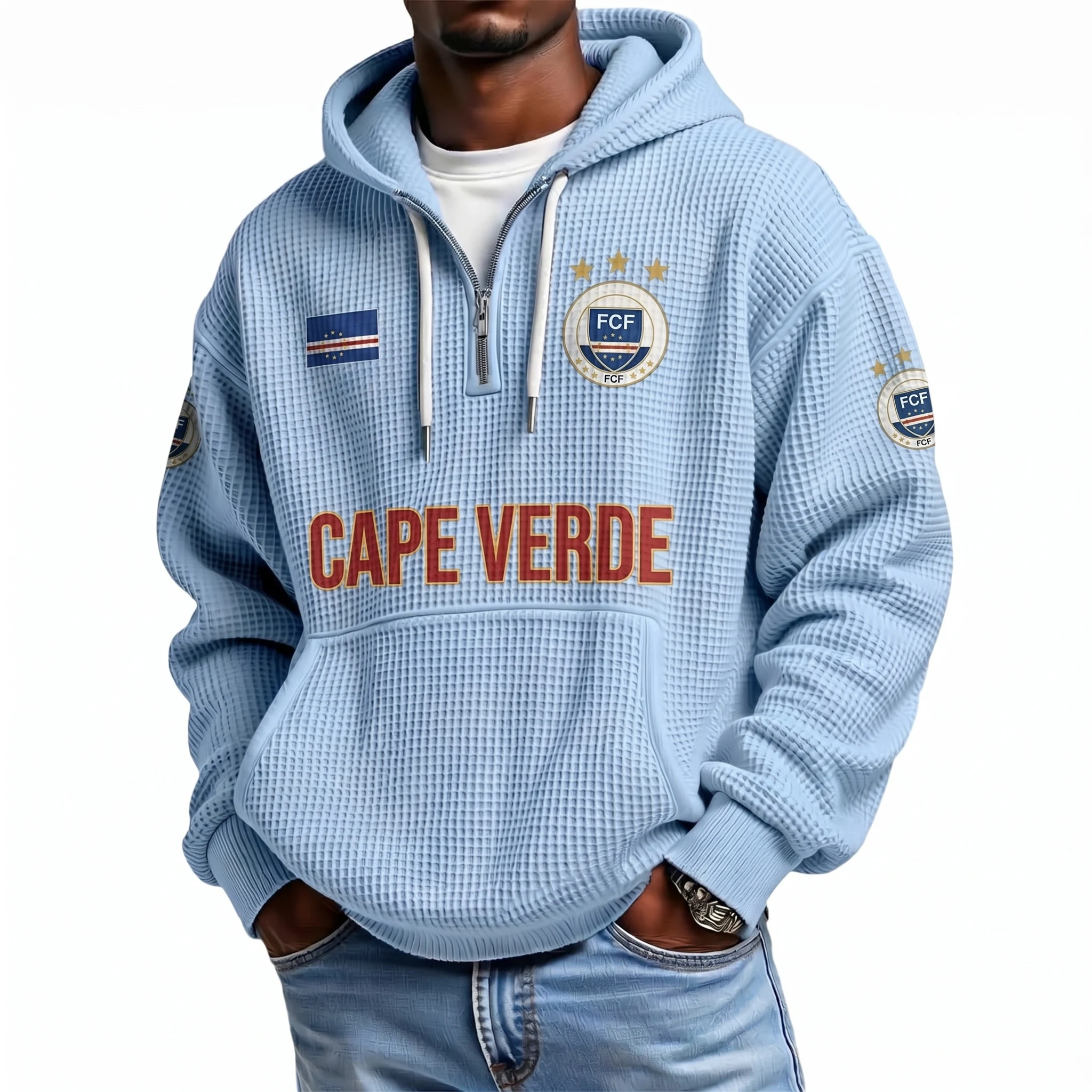 Cape Verde Printed Waffle Quarter Zip Football Fan Hoodie