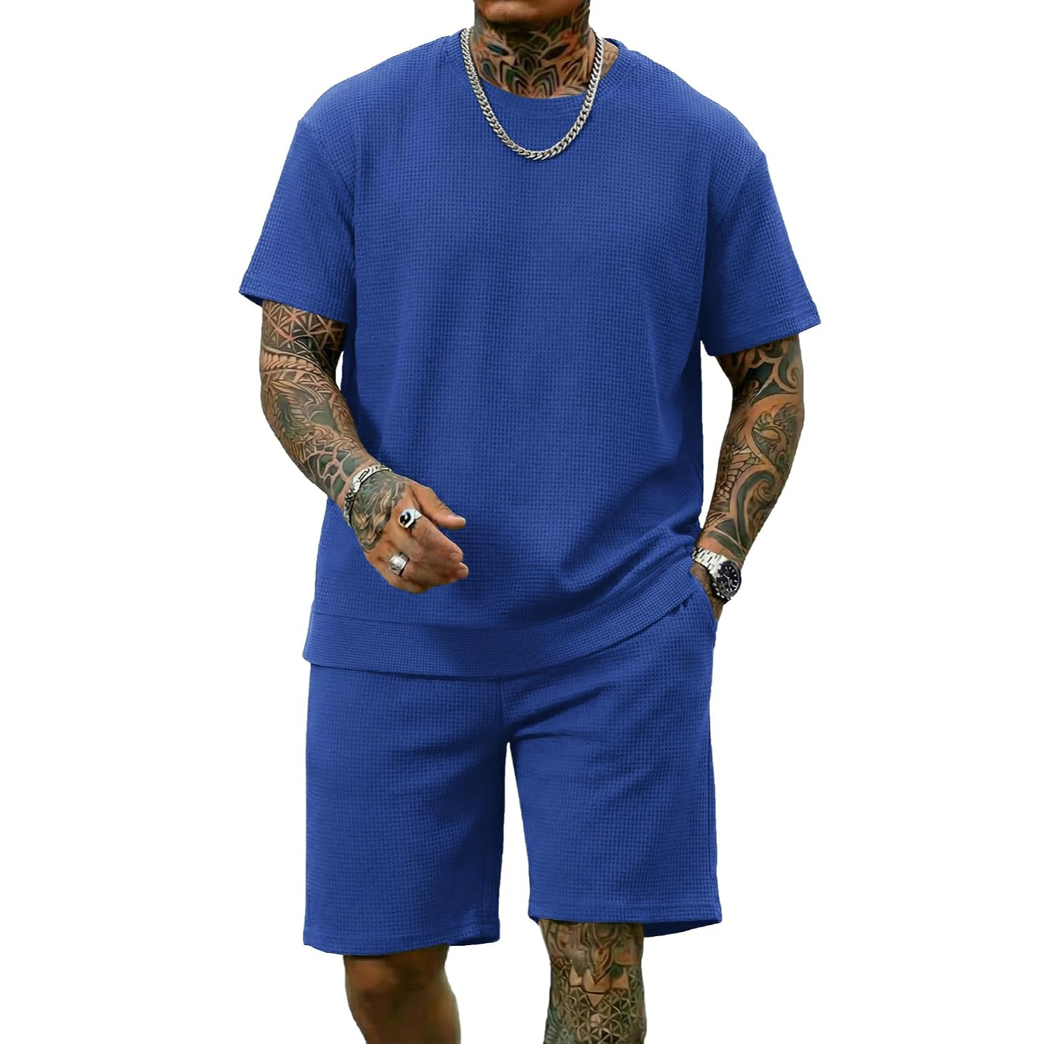 2 Pieces Casual Waffle Short Sleeve Shirt and Short Lounge Set