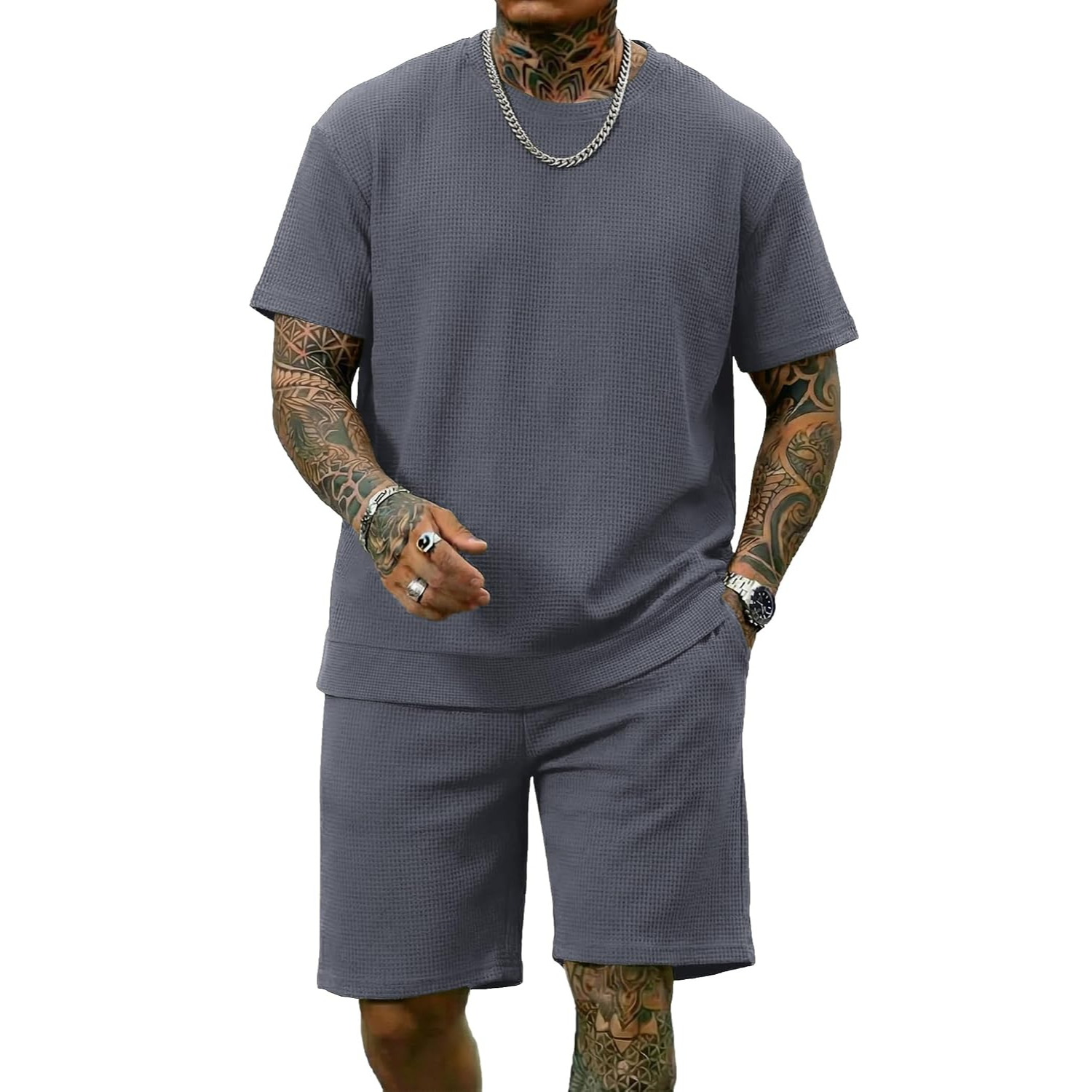 2 Pieces Casual Waffle Short Sleeve Shirt and Short Lounge Set