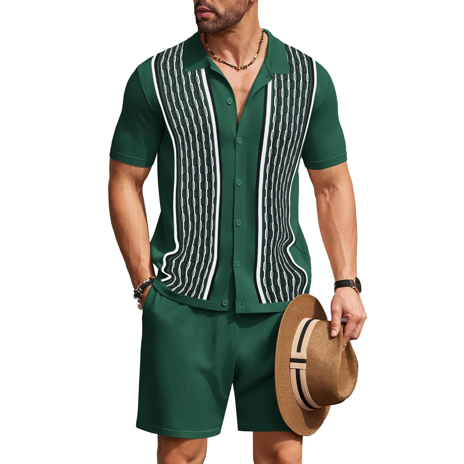 2 Pieces Short Sleeve Button Down Knit Polo Shirts And Short Set For Men