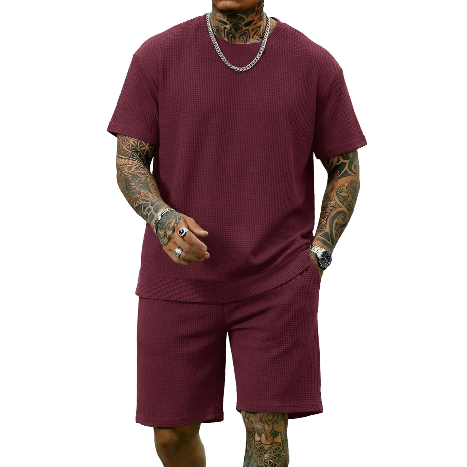 2 Pieces Casual Waffle Short Sleeve Shirt and Short Lounge Set