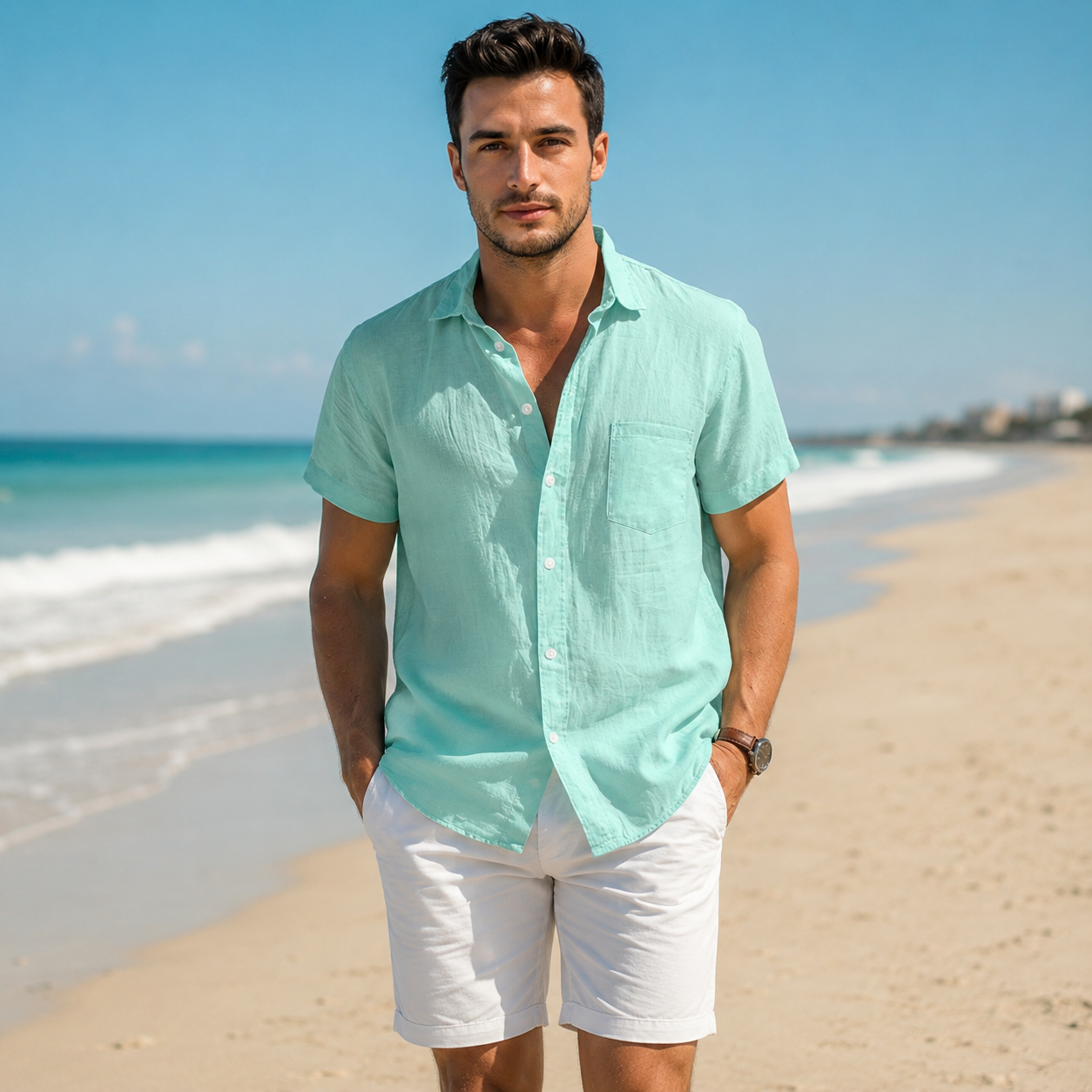 Casual Solid Short Sleeve Beach Shacket Shirt For Men