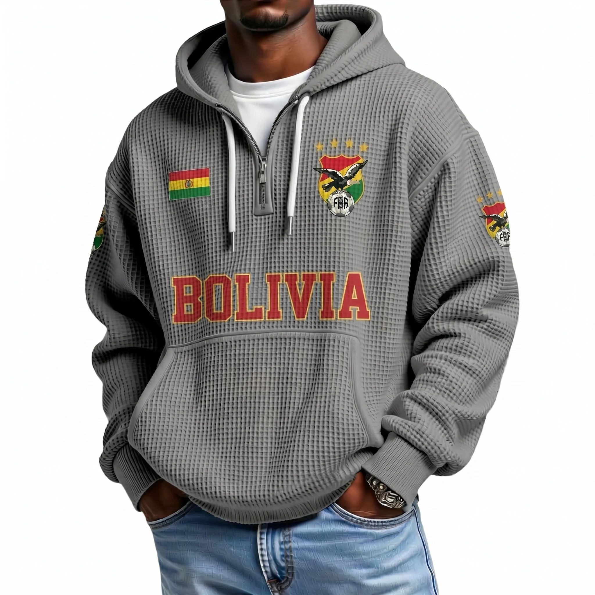 Bolivia Printed Waffle Quarter Zip Football Fan Hoodie