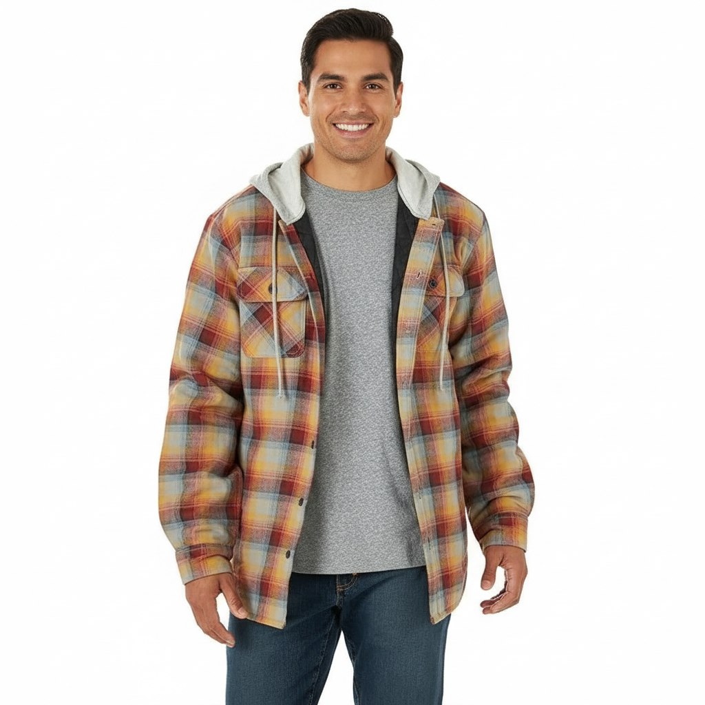 Men's Long Sleeve Quilted Lined Flannel Shirt Jacket with Hood