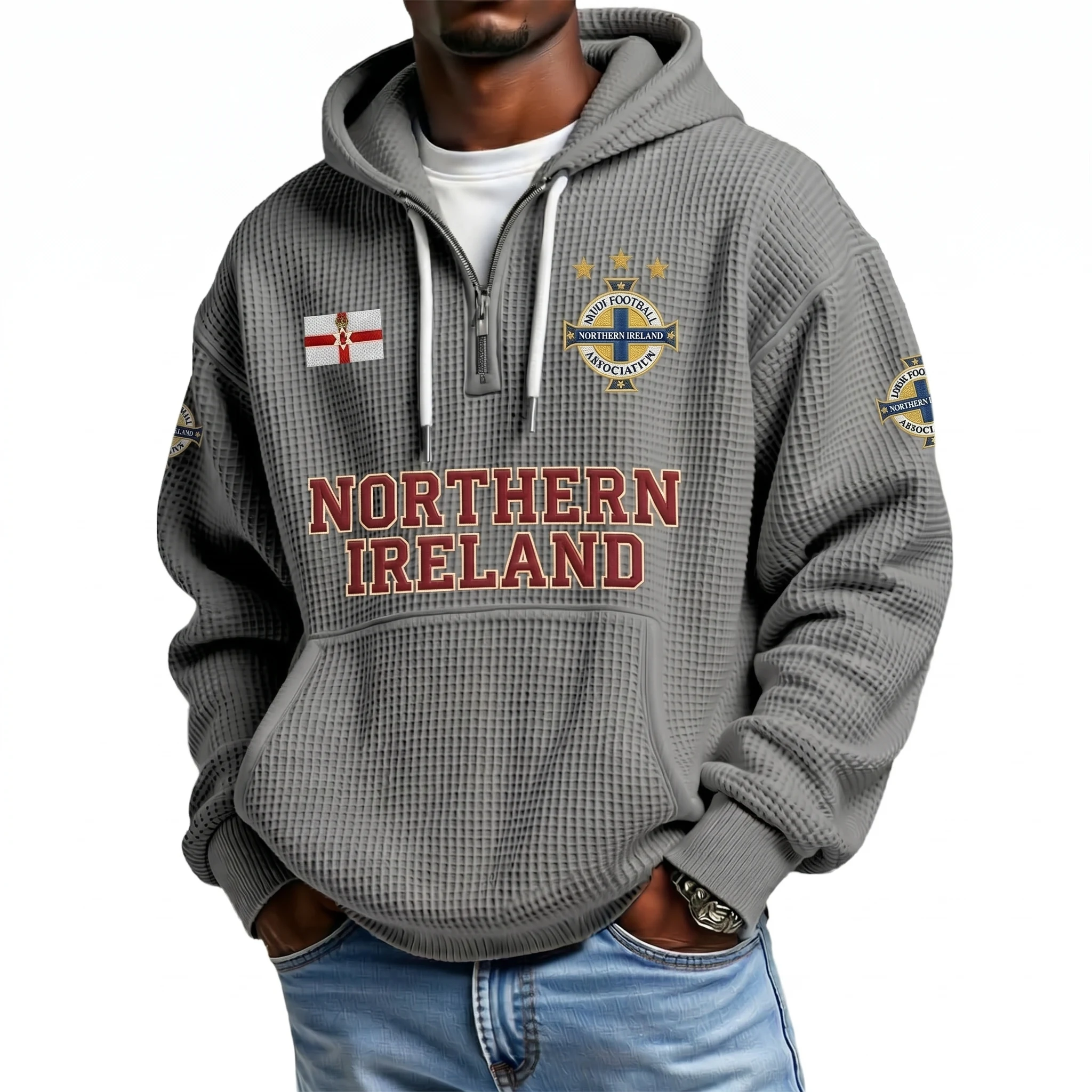 Northern Ireland Printed Waffle Quarter Zip Football Fan Hoodie