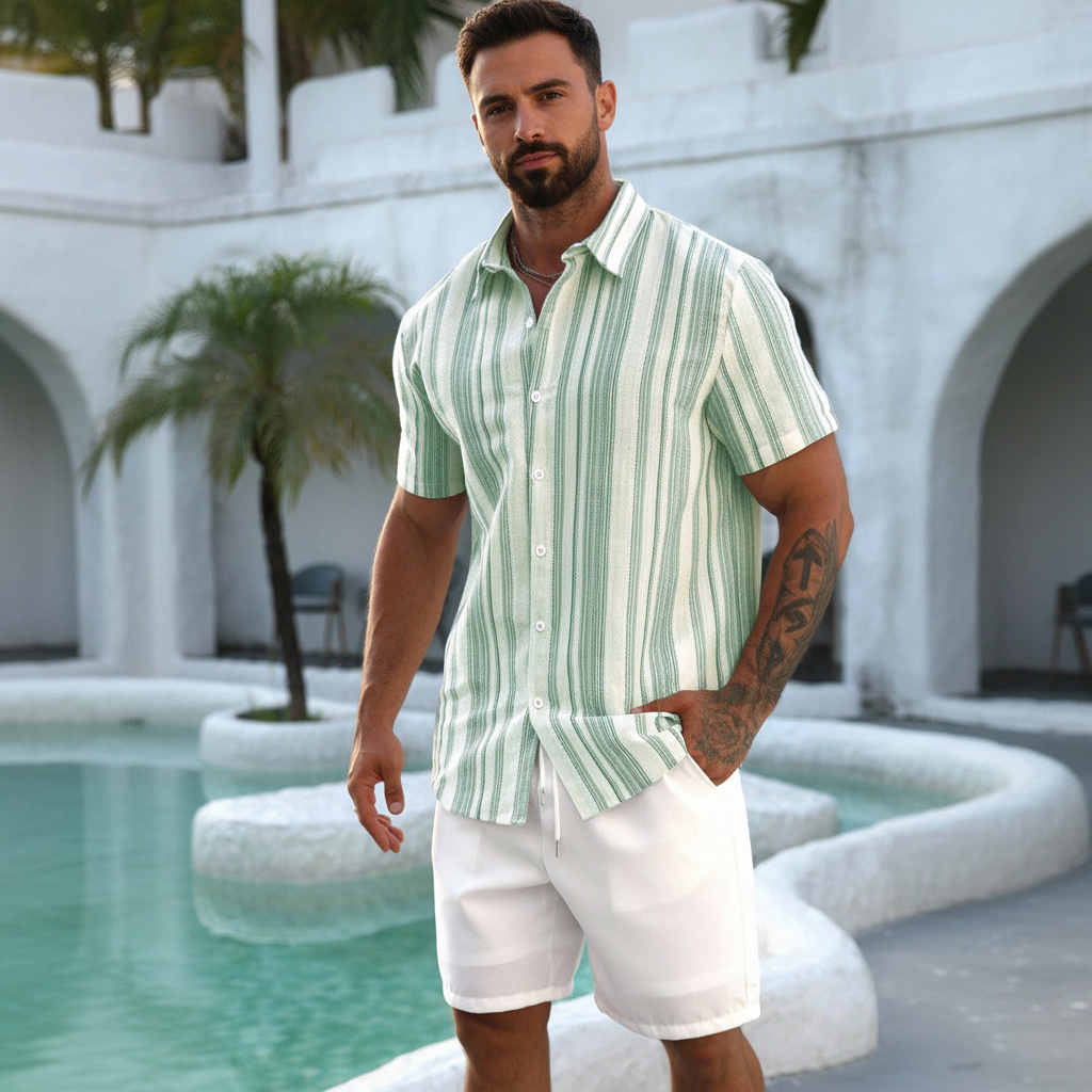 Colorblock Striped Short Sleeve Shirt For Men