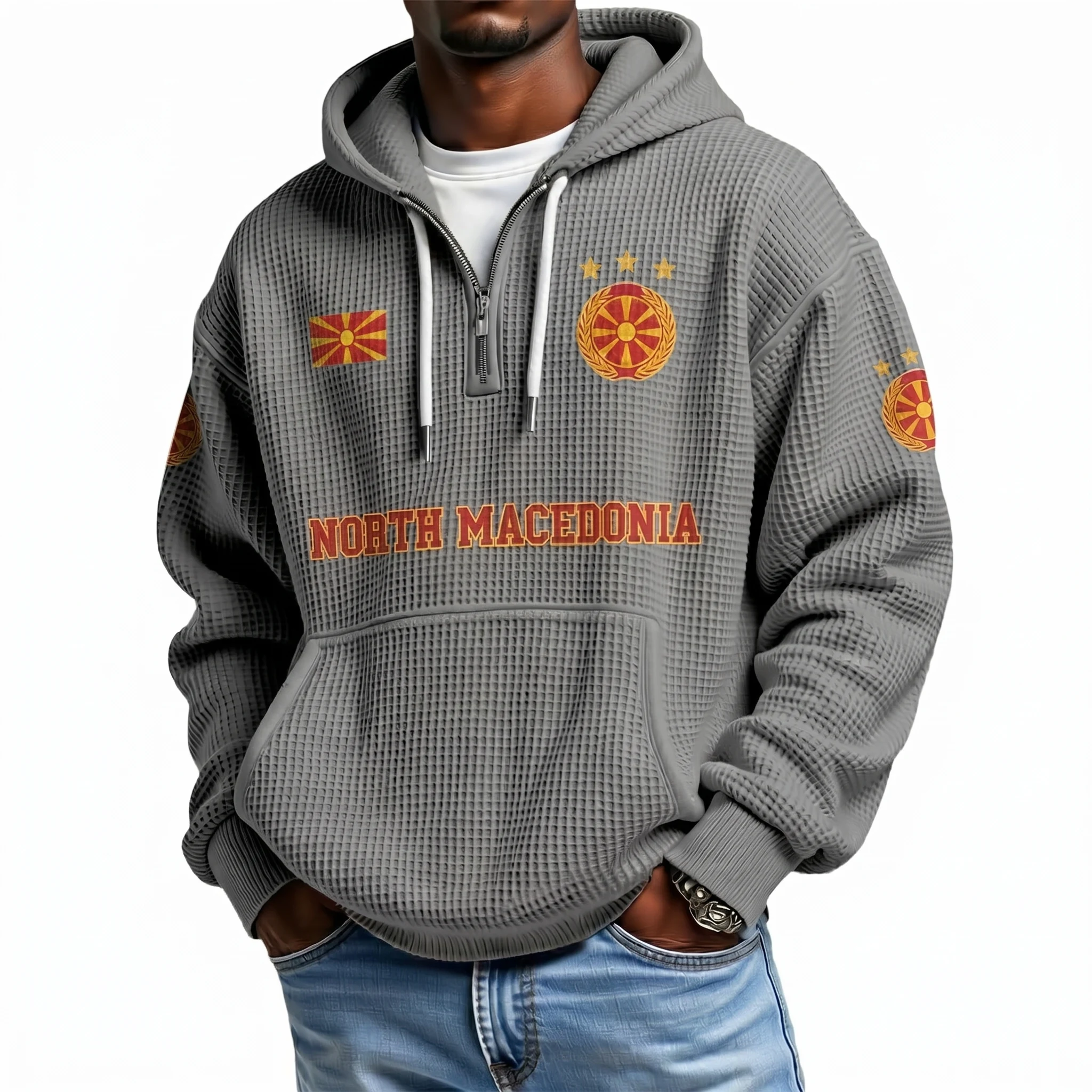 North Macedonia Printed Waffle Quarter Zip Football Fan Hoodie