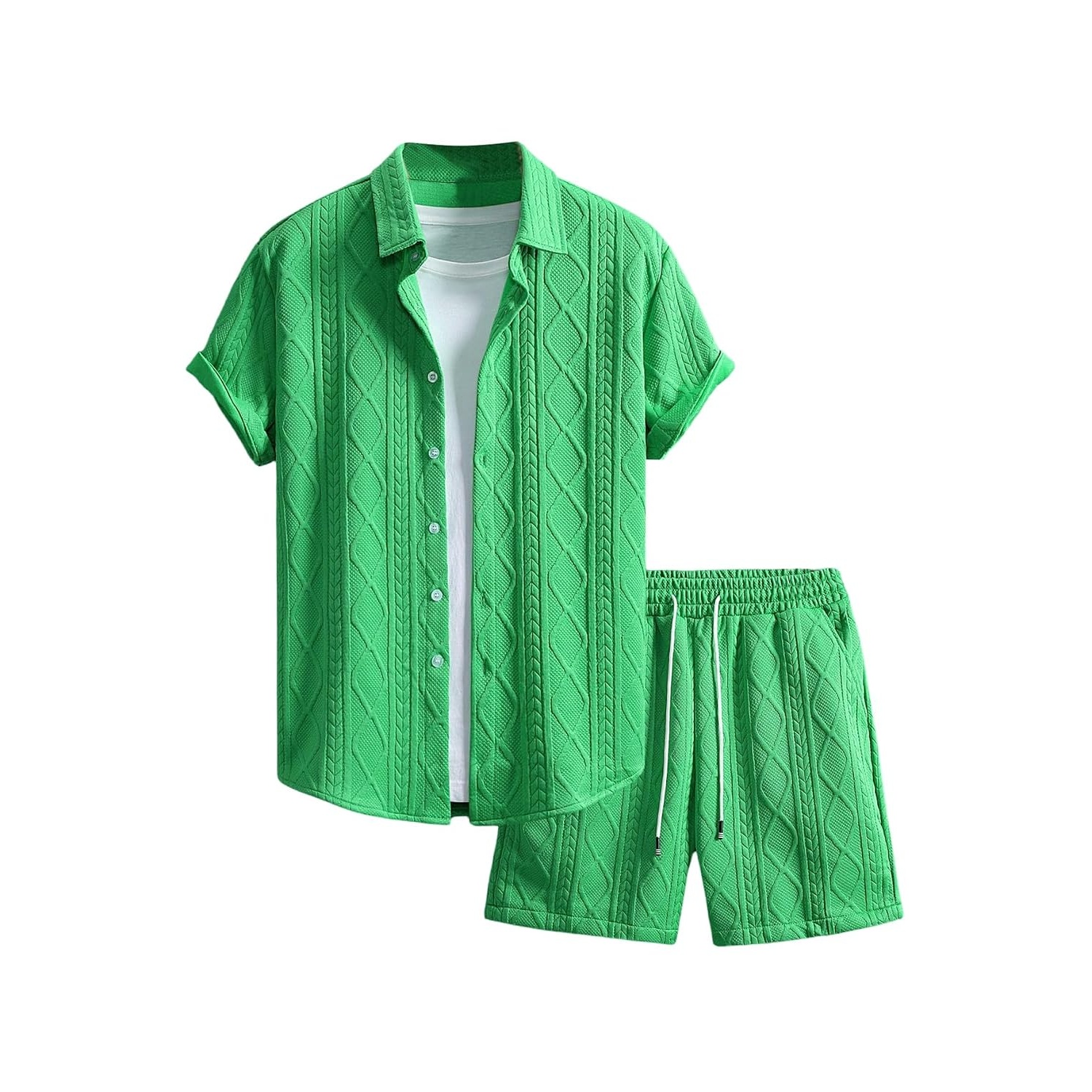 Waffle Knit Button Down Shirt and Shorts Set For Men