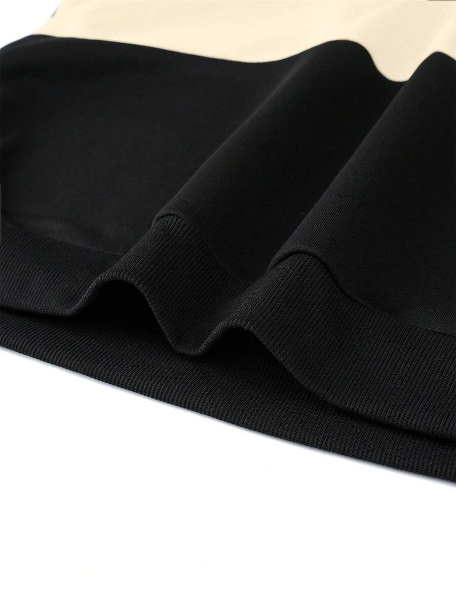Men's Casual Fashionable Versatile Contrast Color Collegiate Style Comfortable Half-Zip Long Sleeve Sweatshirt, Autumn/Winter - Black - View 5