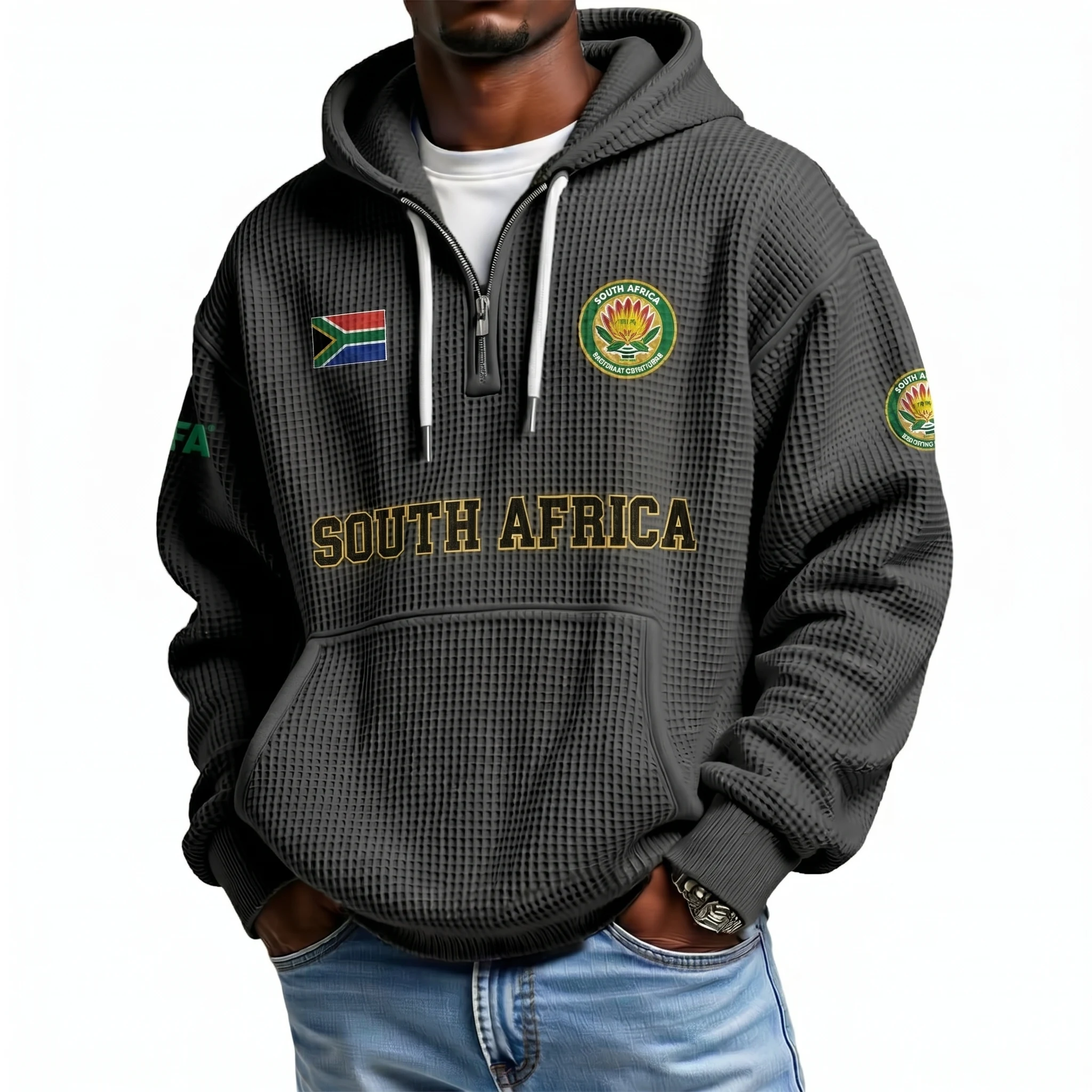 South Africa Printed Waffle Quarter Zip Football Fan Hoodie