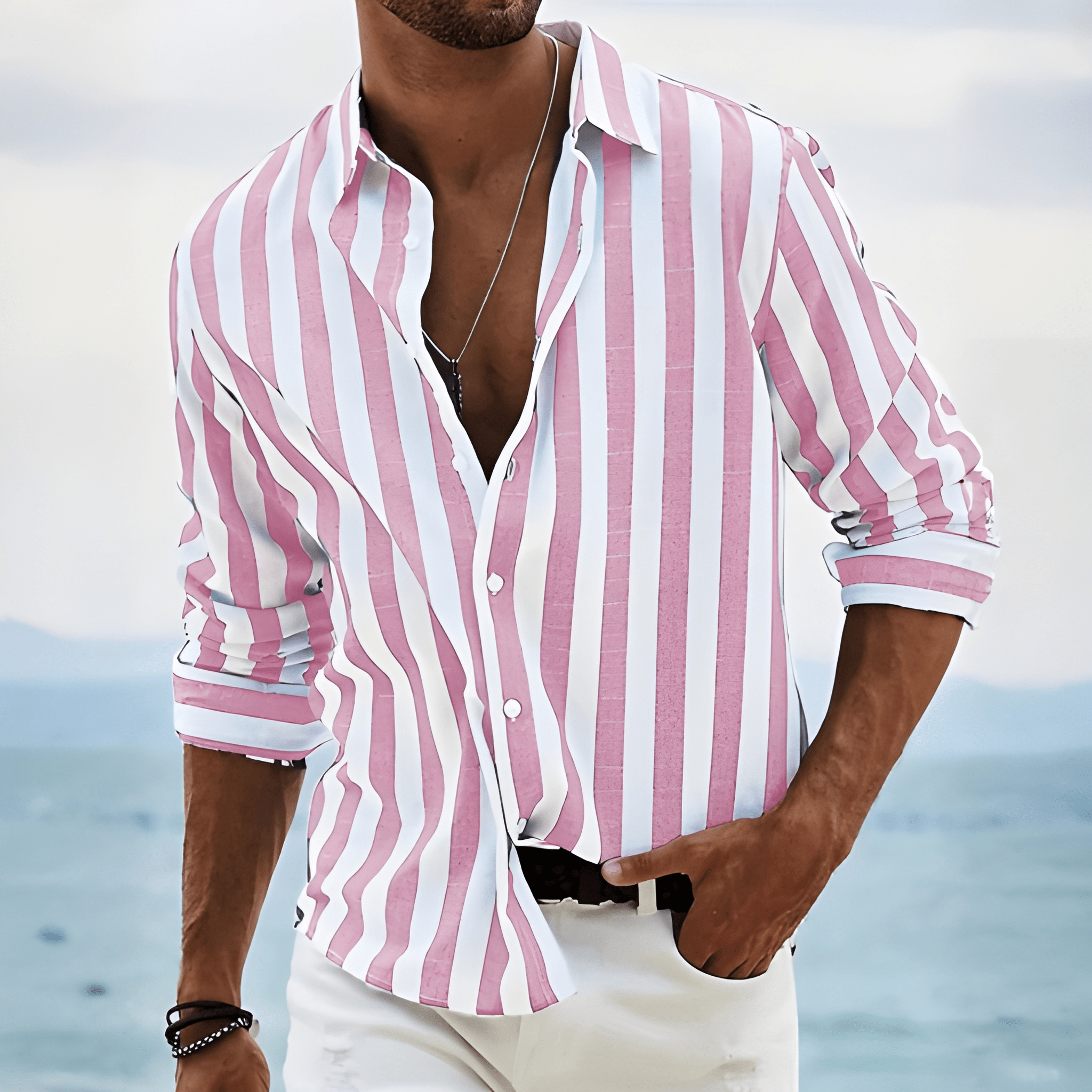 Striped Stand Collar Casual Shirt for Men