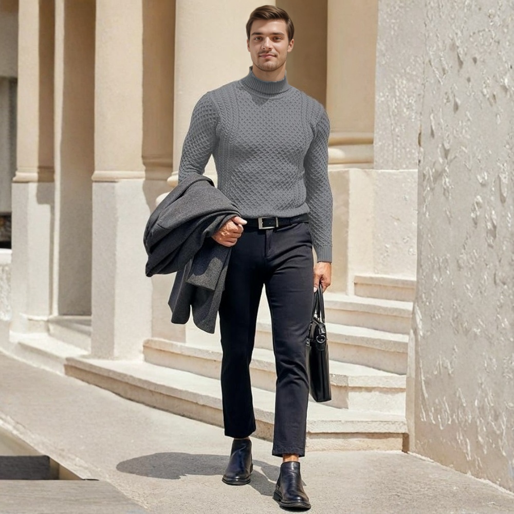 Men's Slim Fit Turtleneck Sweater Casual Knitted Twisted Pullover Solid Sweaters