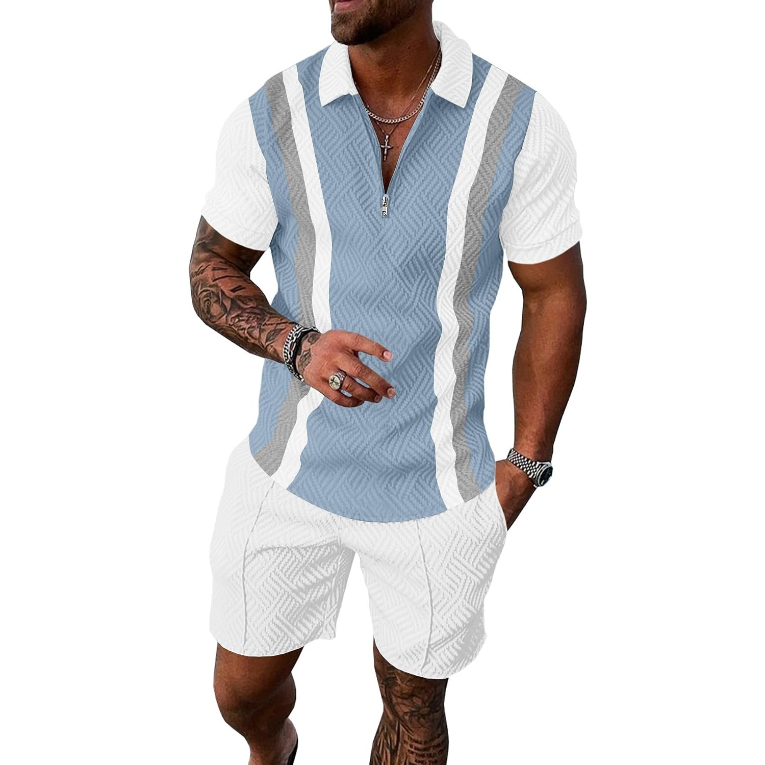 Summer Track Short Sleeve Suit Set With Zip For Men
