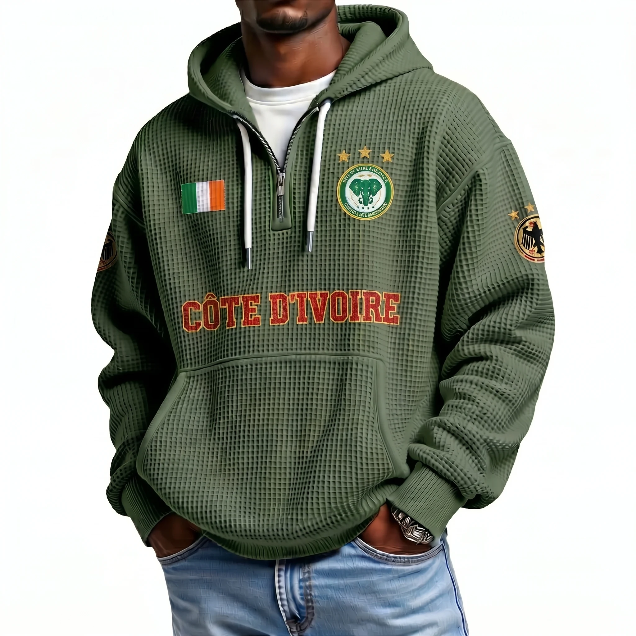 Cote d'Ivoire Printed Waffle Quarter Zip Football Fan Hoodie
