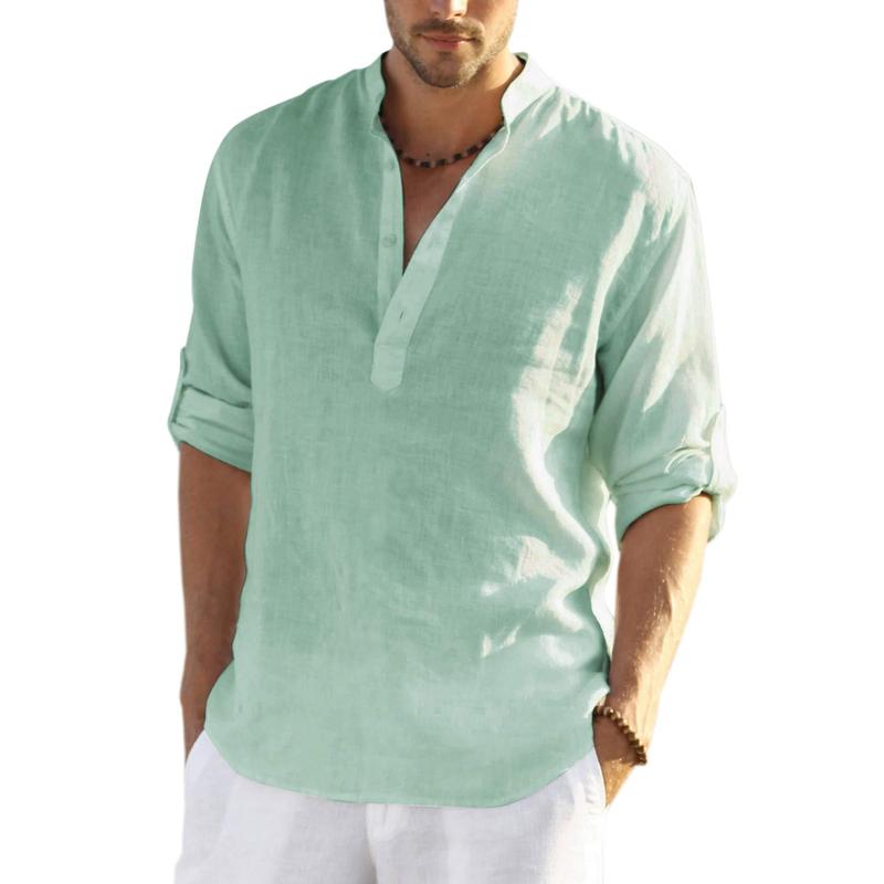 Casual Stand Collar Long Roll Up Sleeve Button Down Shirt For Men