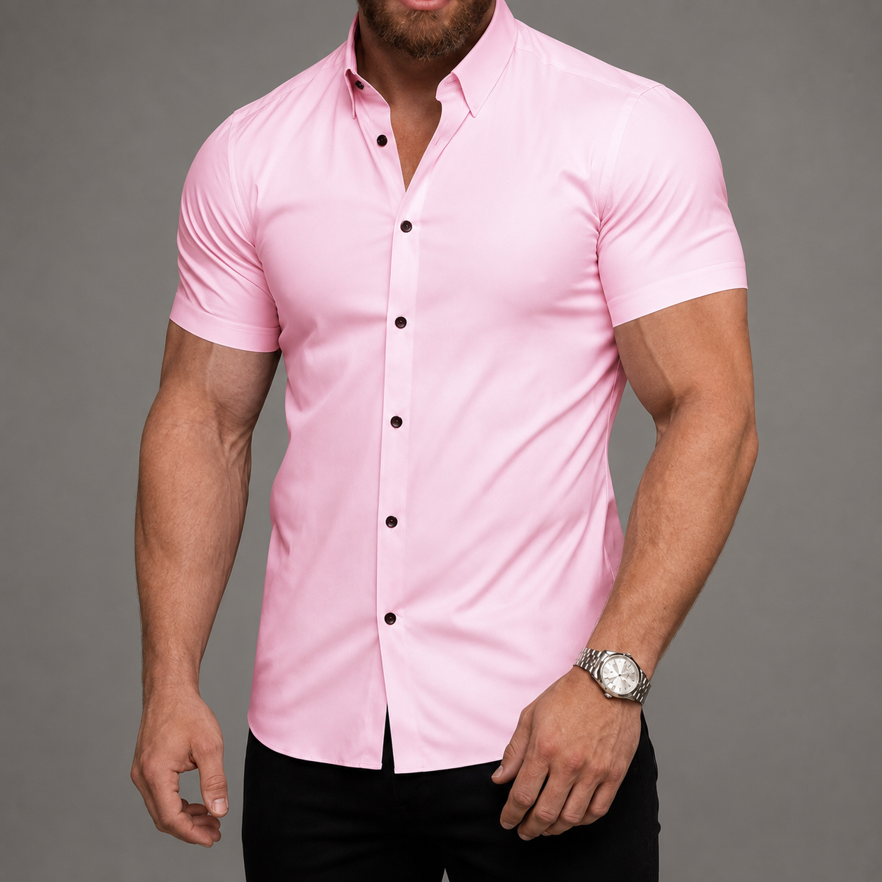 Short Sleeve Lapel Shirt With Button Detail With Non Iron Finish For Men