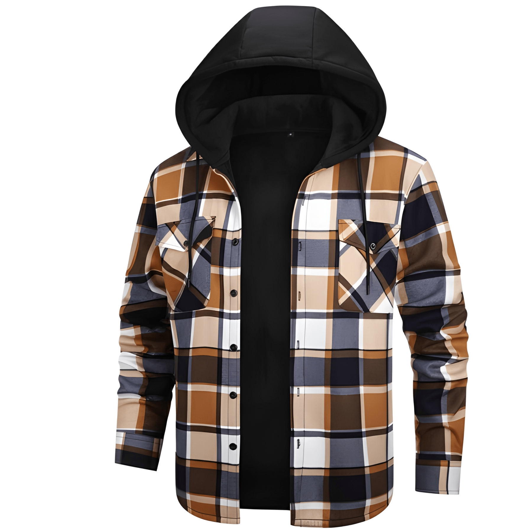 Thermal Lined Fleece Jacket With Hood And Plaid Design For Men