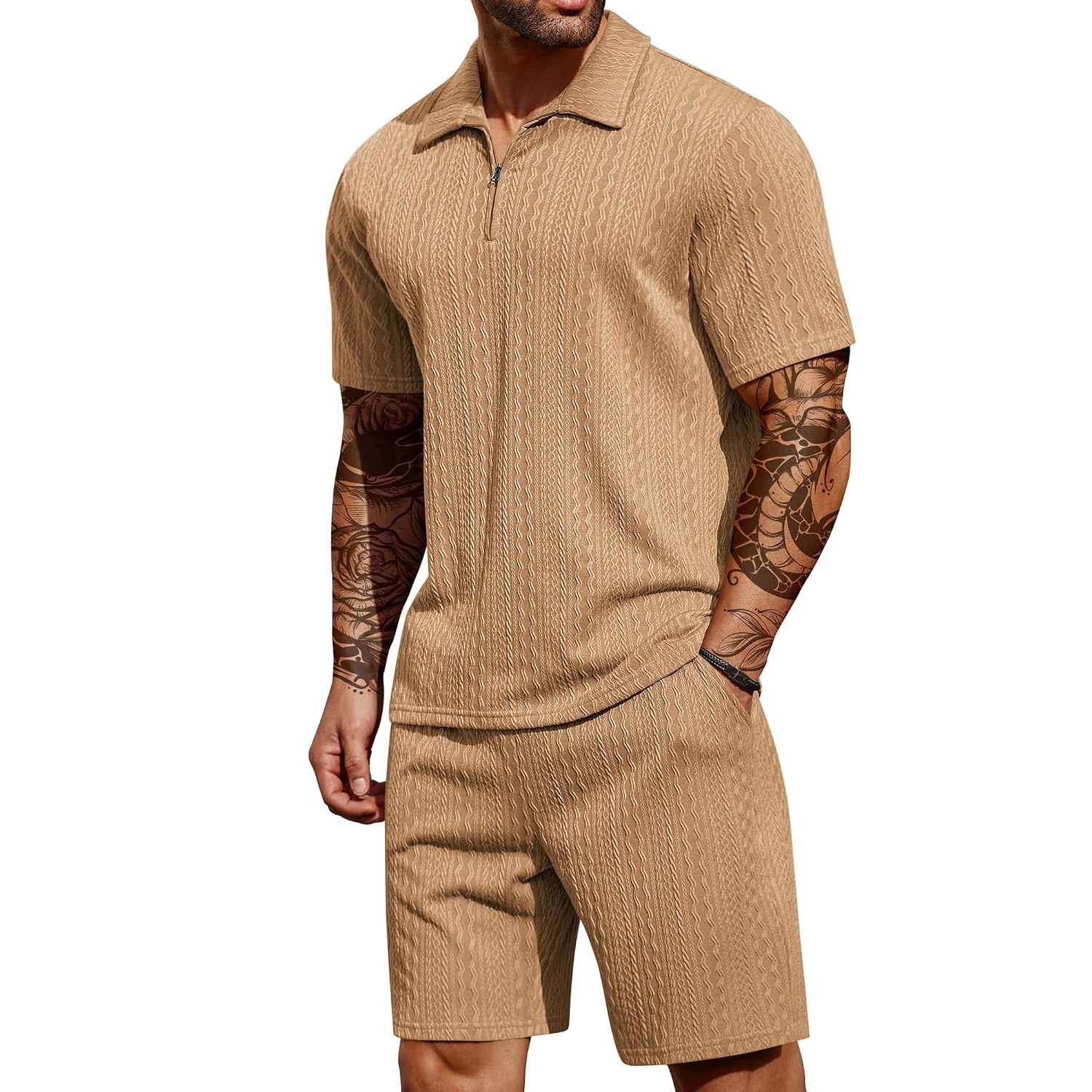 Casual Summer Athletic Quarter Shorts And Polo Shirt Set For Men