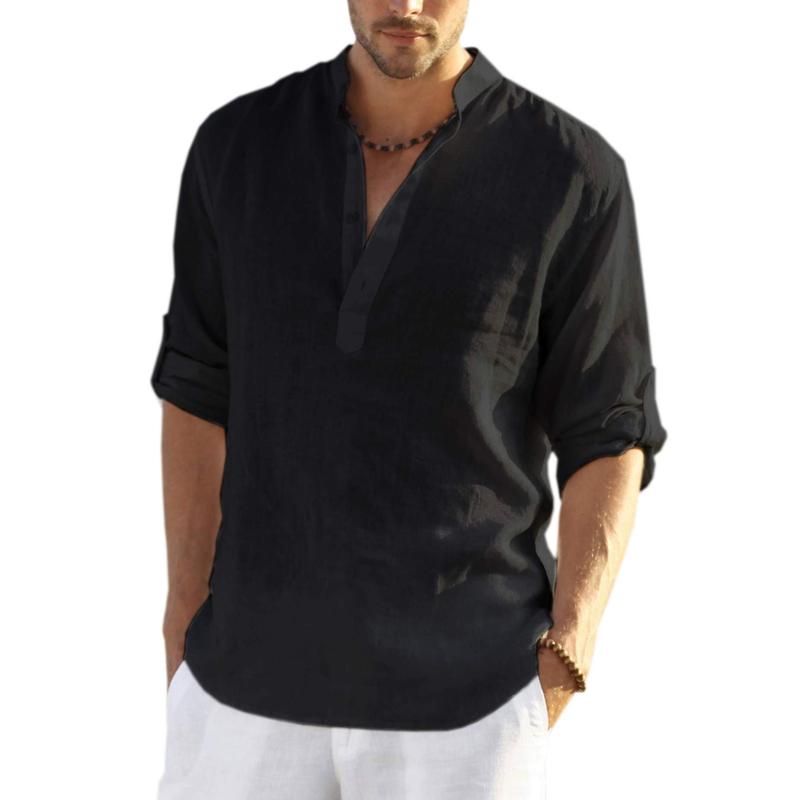 Casual Stand Collar Long Roll Up Sleeve Button Down Shirt For Men