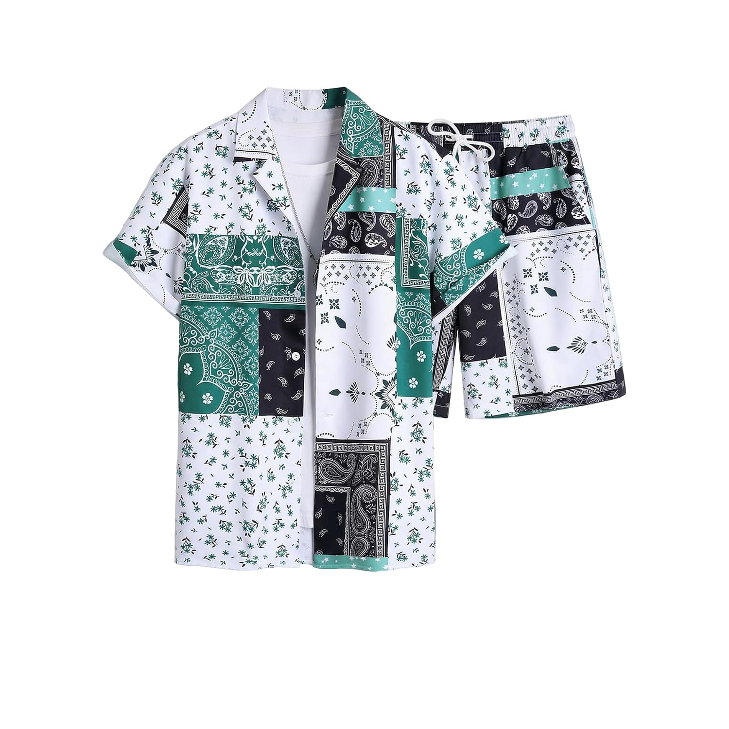 Short Sleeve Button Down Vacation Shirt and Drawstring Beach Short Set For Men