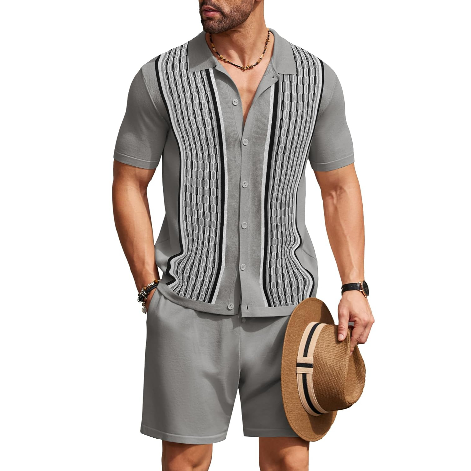 2 Pieces Short Sleeve Button Down Knit Polo Shirts And Short Set For Men