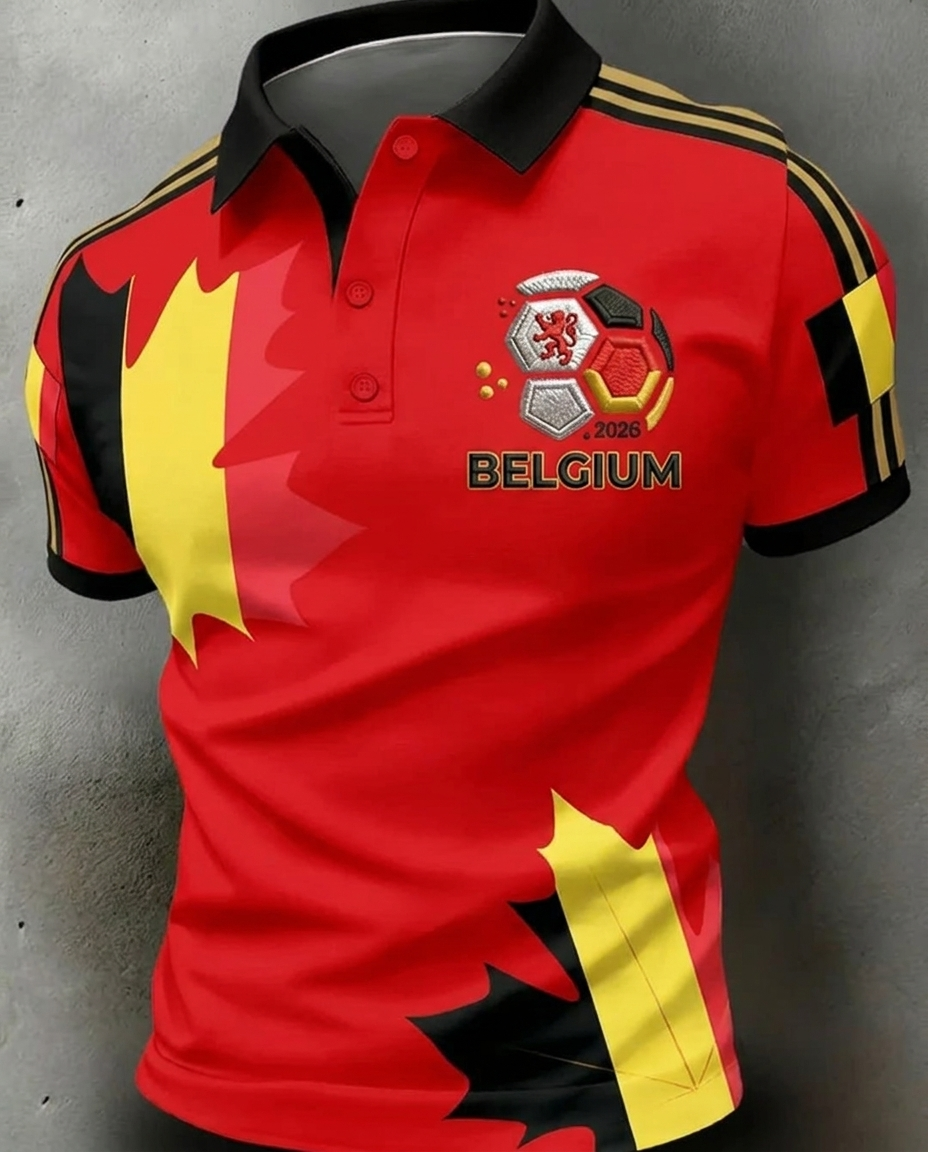 Belgium 2026 World Cup soccer fan polo shirt with national crest
