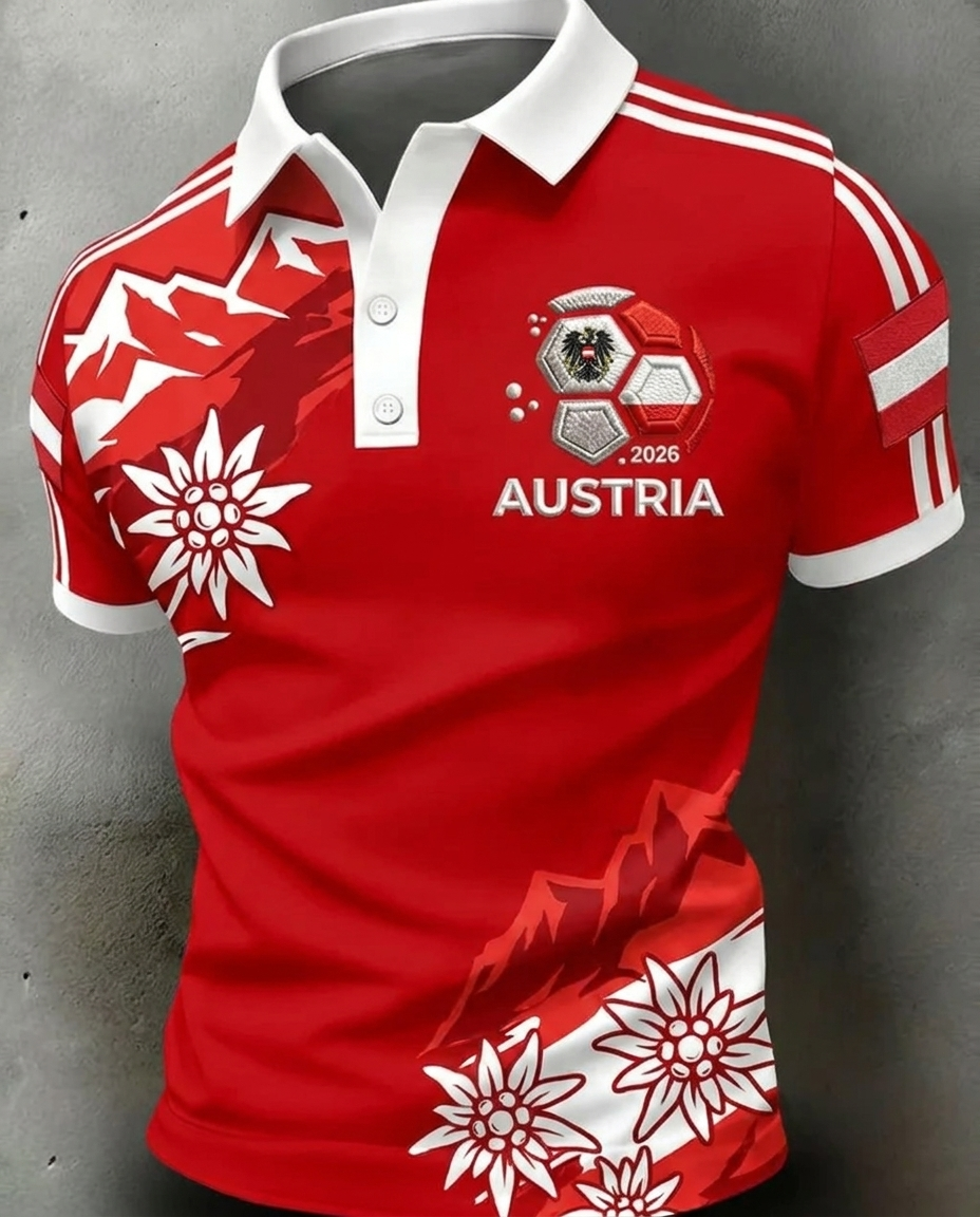 Austria 2026 World Cup soccer fan polo shirt with national crest
