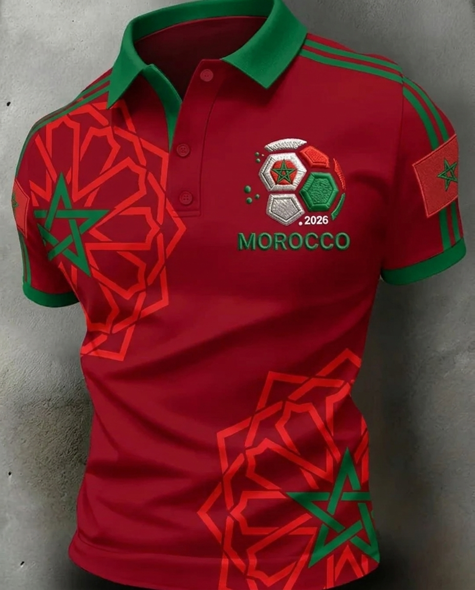 Morocco 2026 World Cup soccer fan polo shirt with national crest