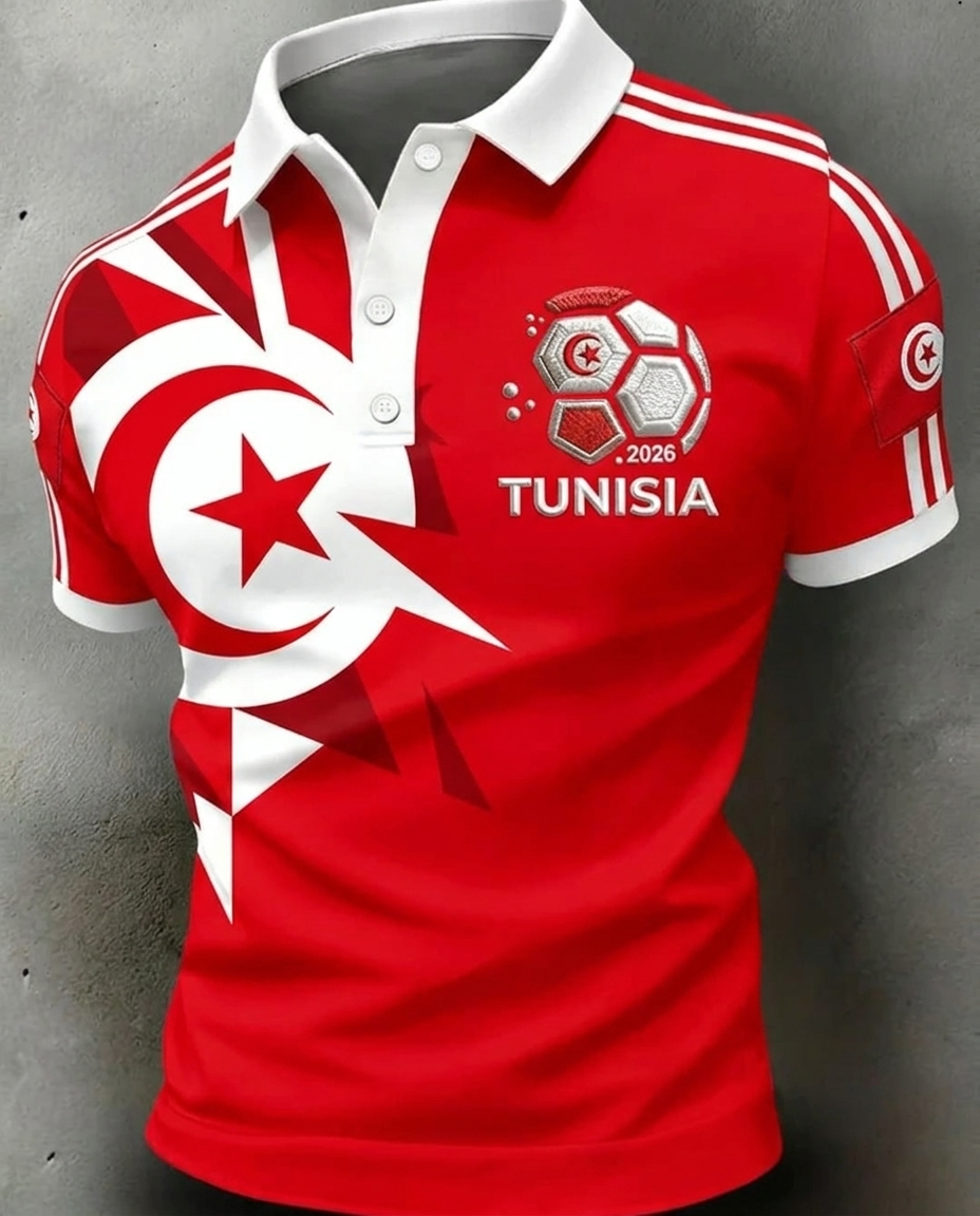 Tunisia 2026 World Cup soccer fan polo shirt with national crest