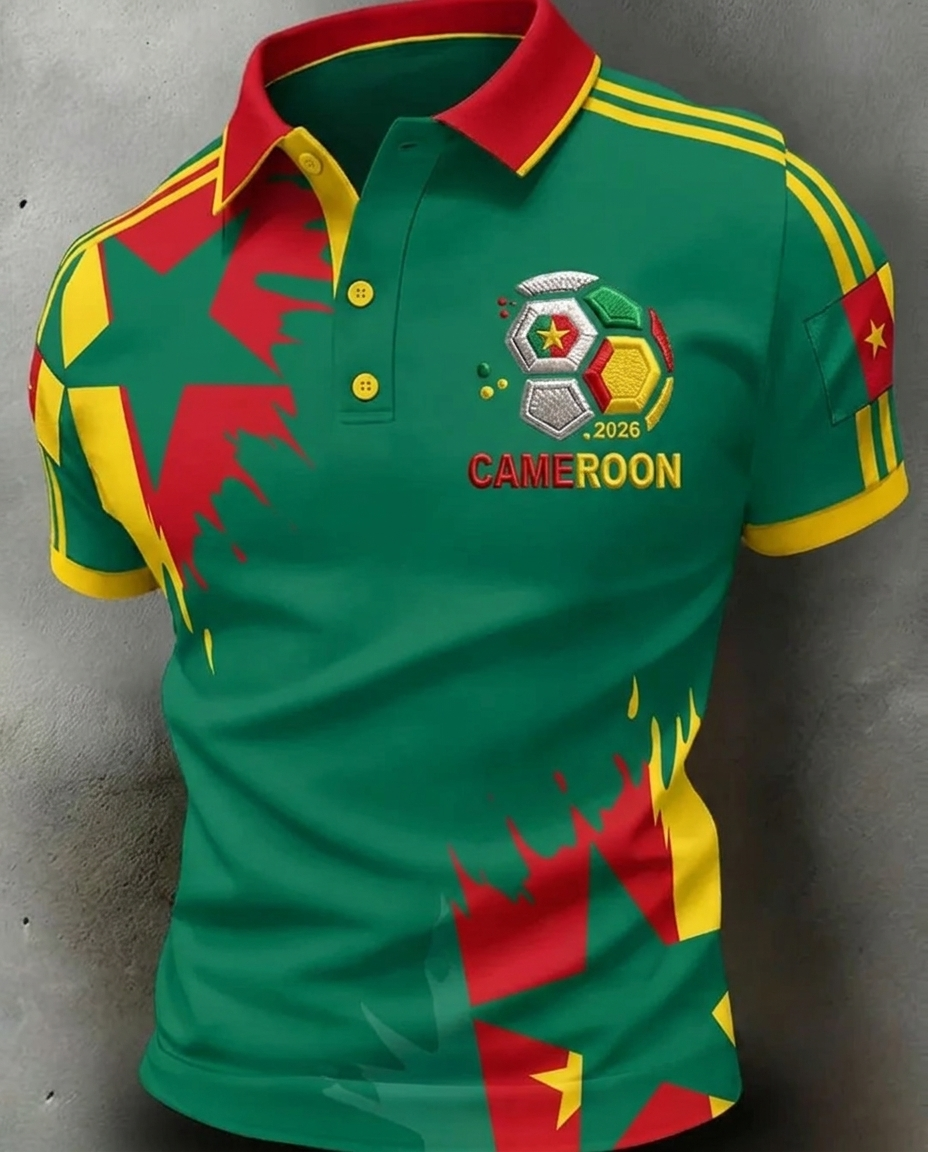 Cameroon 2026 World Cup soccer fan polo shirt with national crest