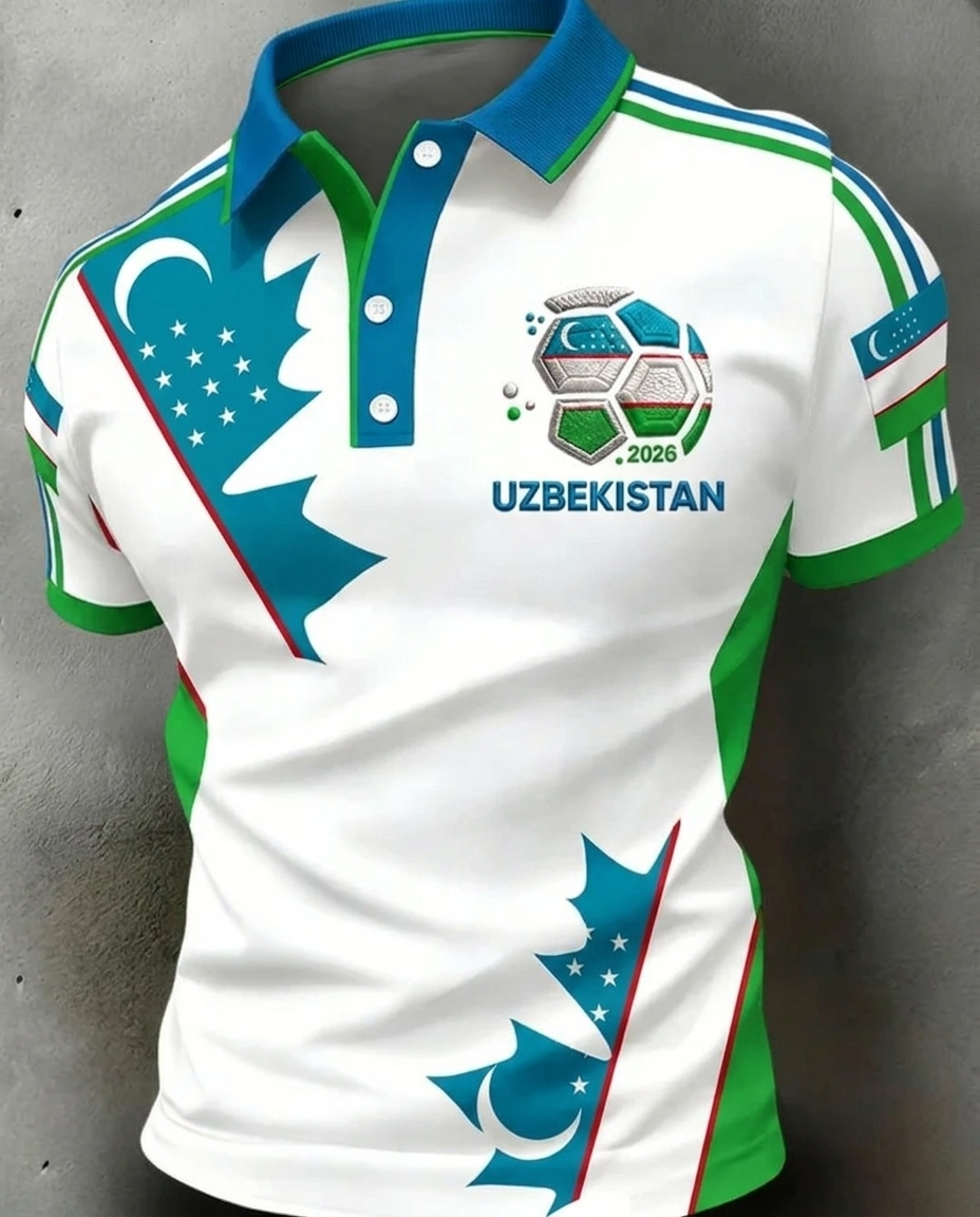 Uzbekistan 2026 World Cup soccer fan polo shirt with national crest