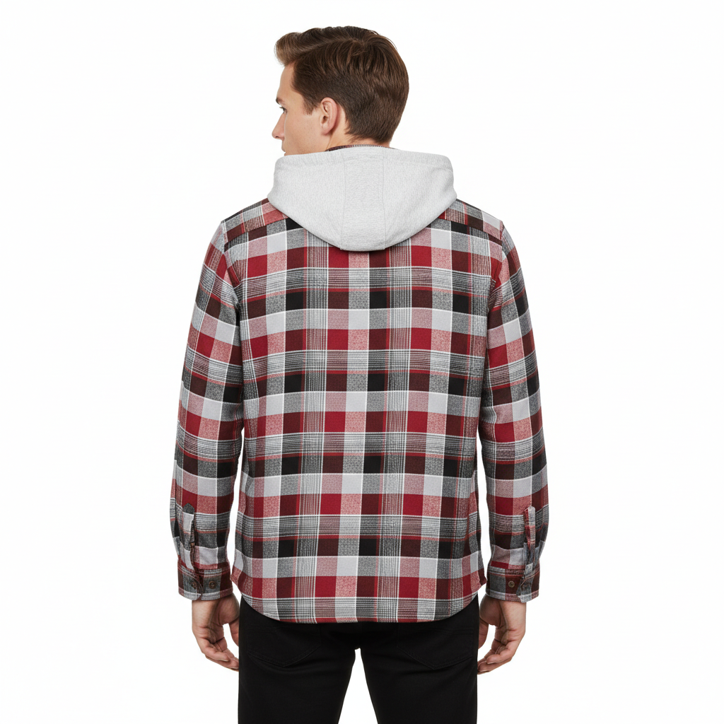 Men's Long Sleeve Quilted Lined Flannel Shirt Jacket with Hood