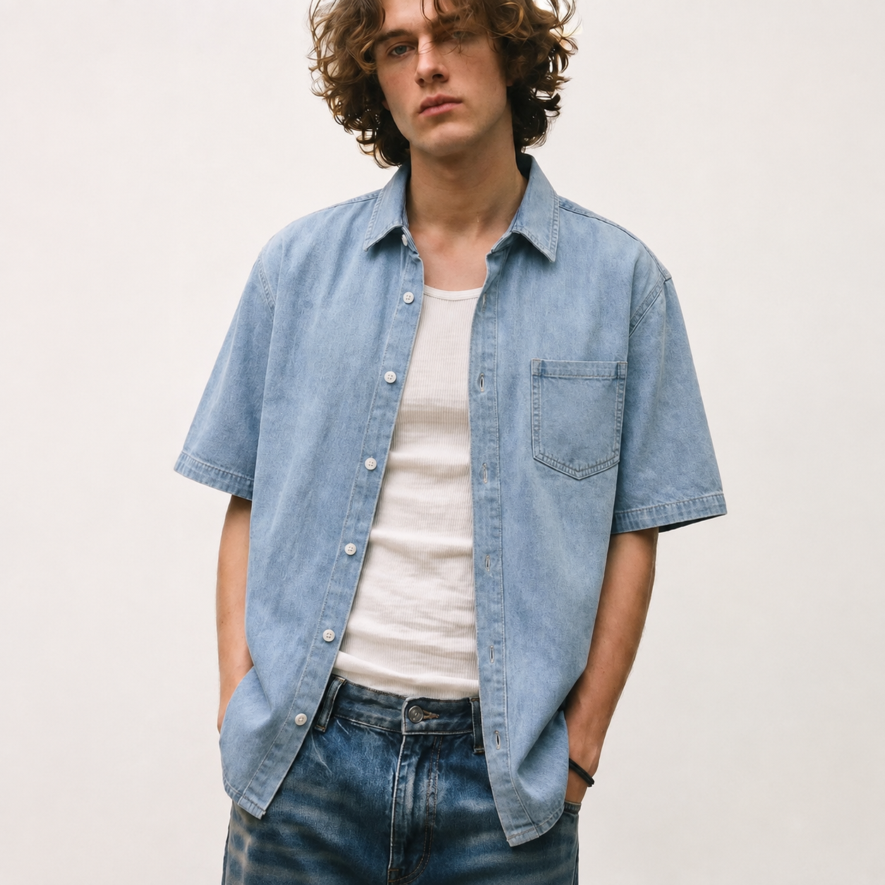 Vintage Short Sleeve Cotton Denim Streetwear Shirt For Men