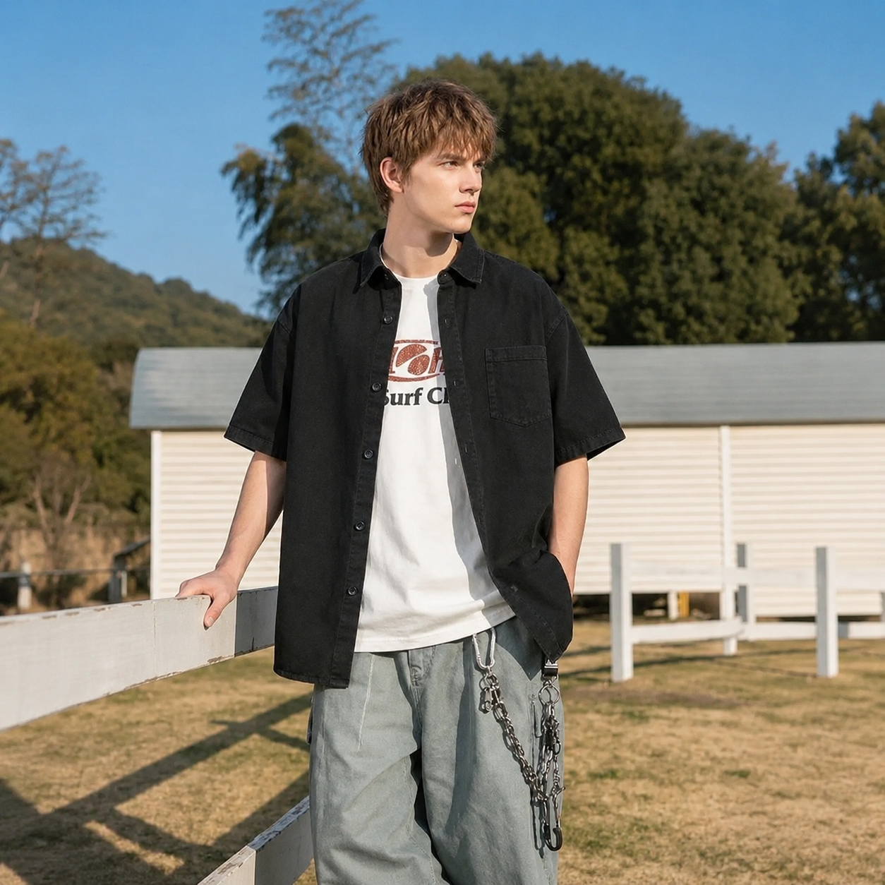 Vintage Short Sleeve Cotton Denim Streetwear Shirt For Men