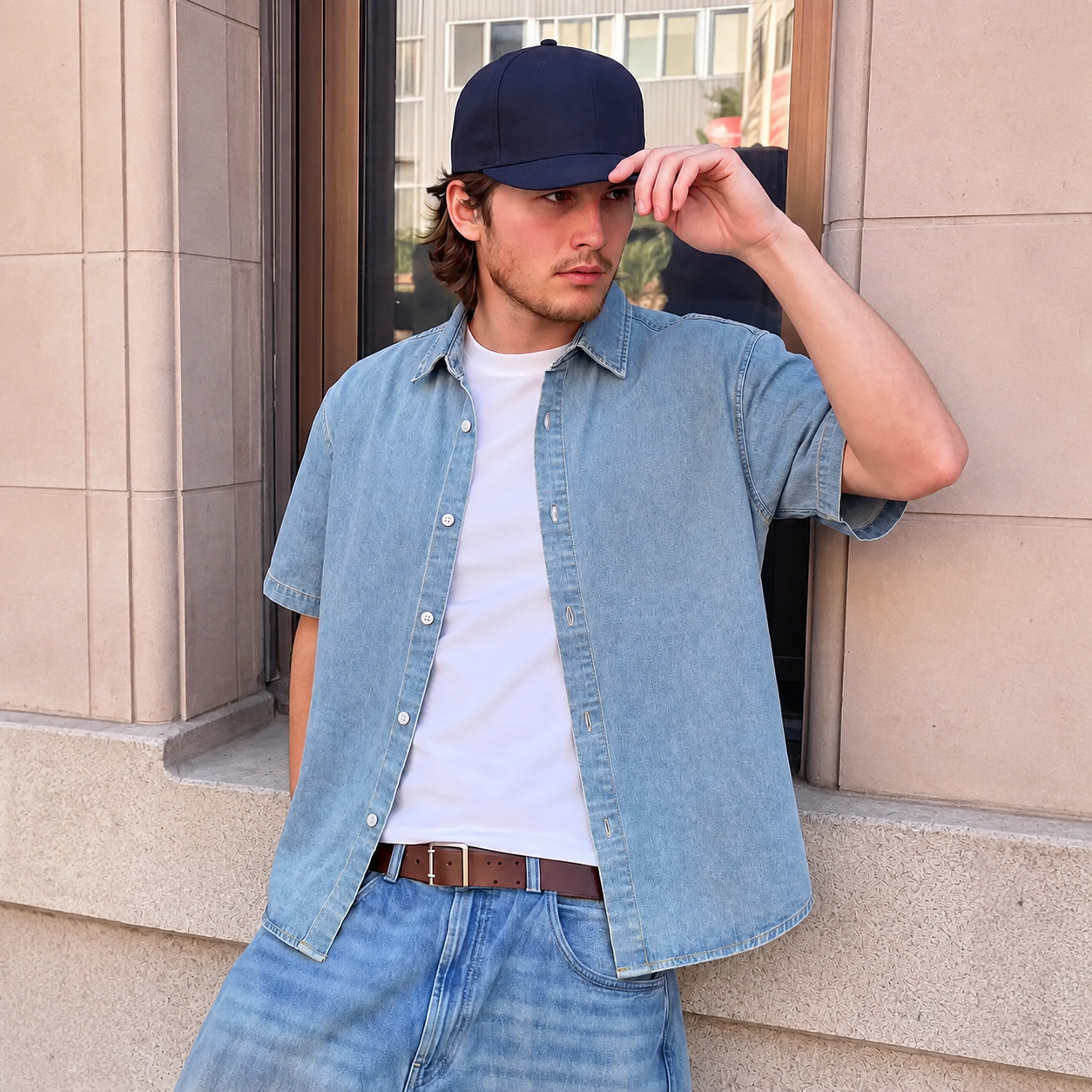Vintage Short Sleeve Cotton Denim Streetwear Shirt For Men