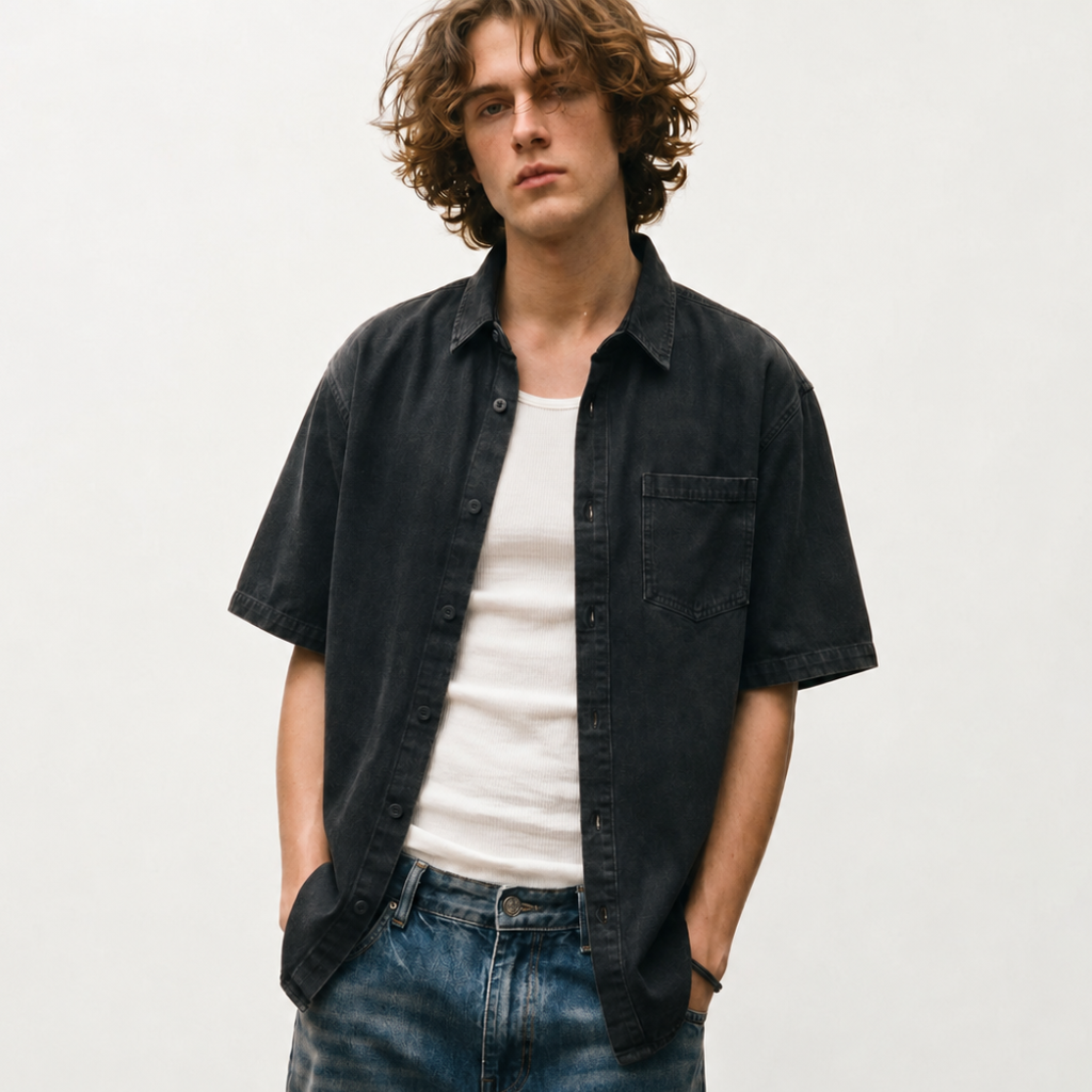 Vintage Short Sleeve Cotton Denim Streetwear Shirt For Men