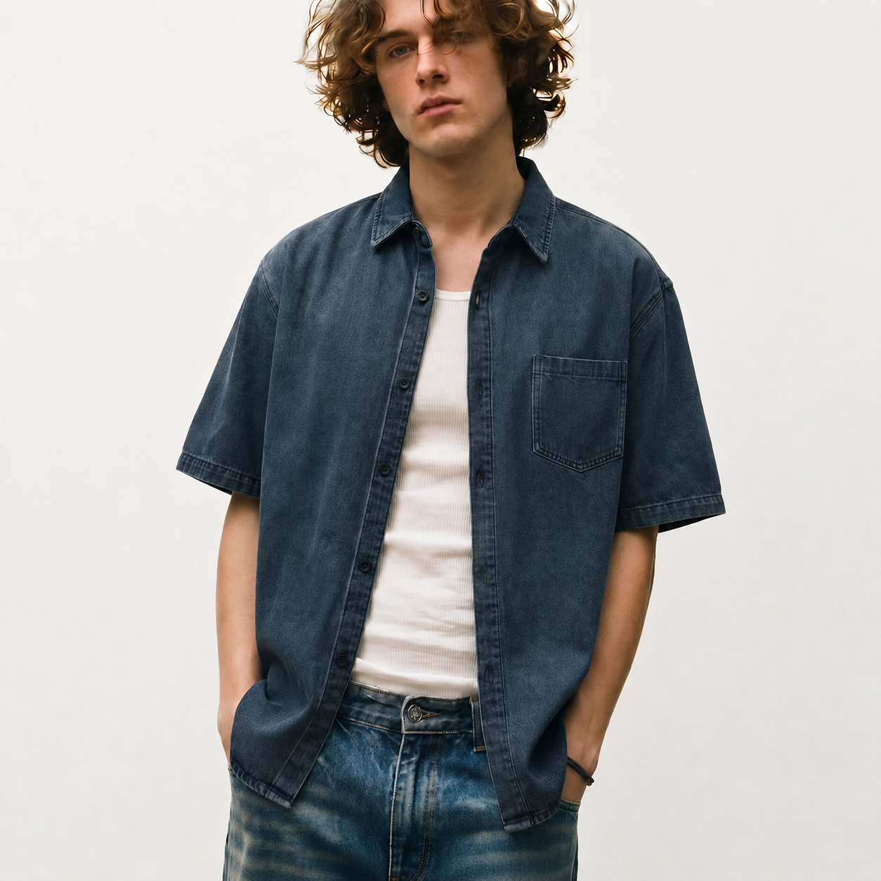 Vintage Short Sleeve Cotton Denim Streetwear Shirt For Men
