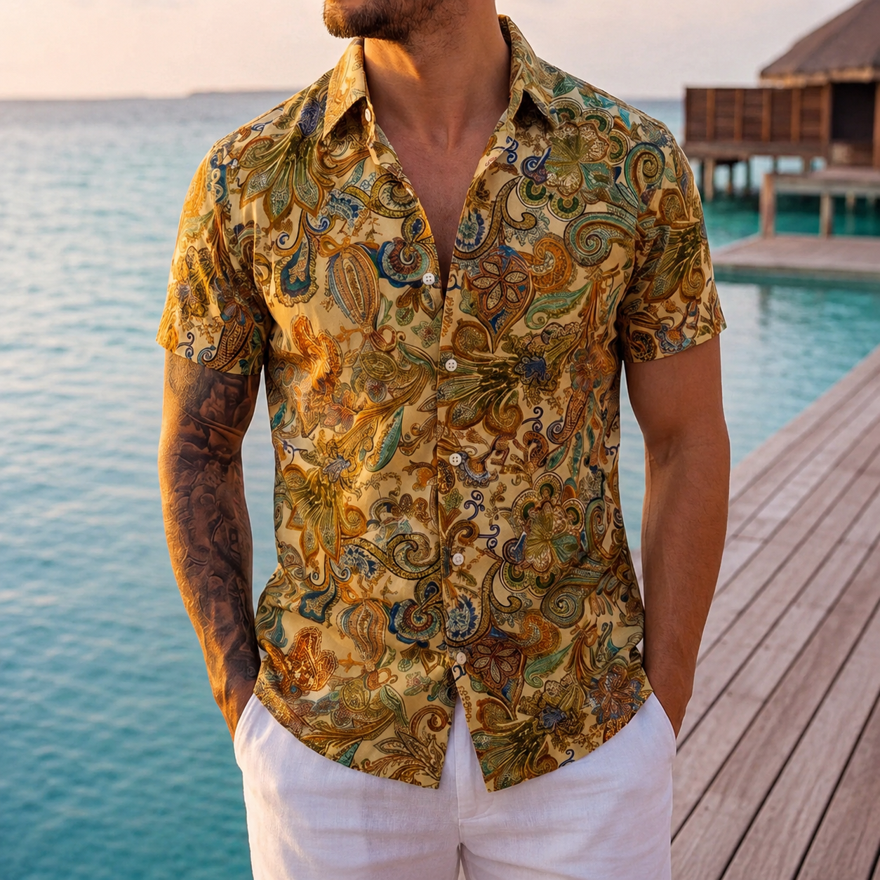 Classic Printed Holiday Short Sleeve Shirt Button Up For Men
