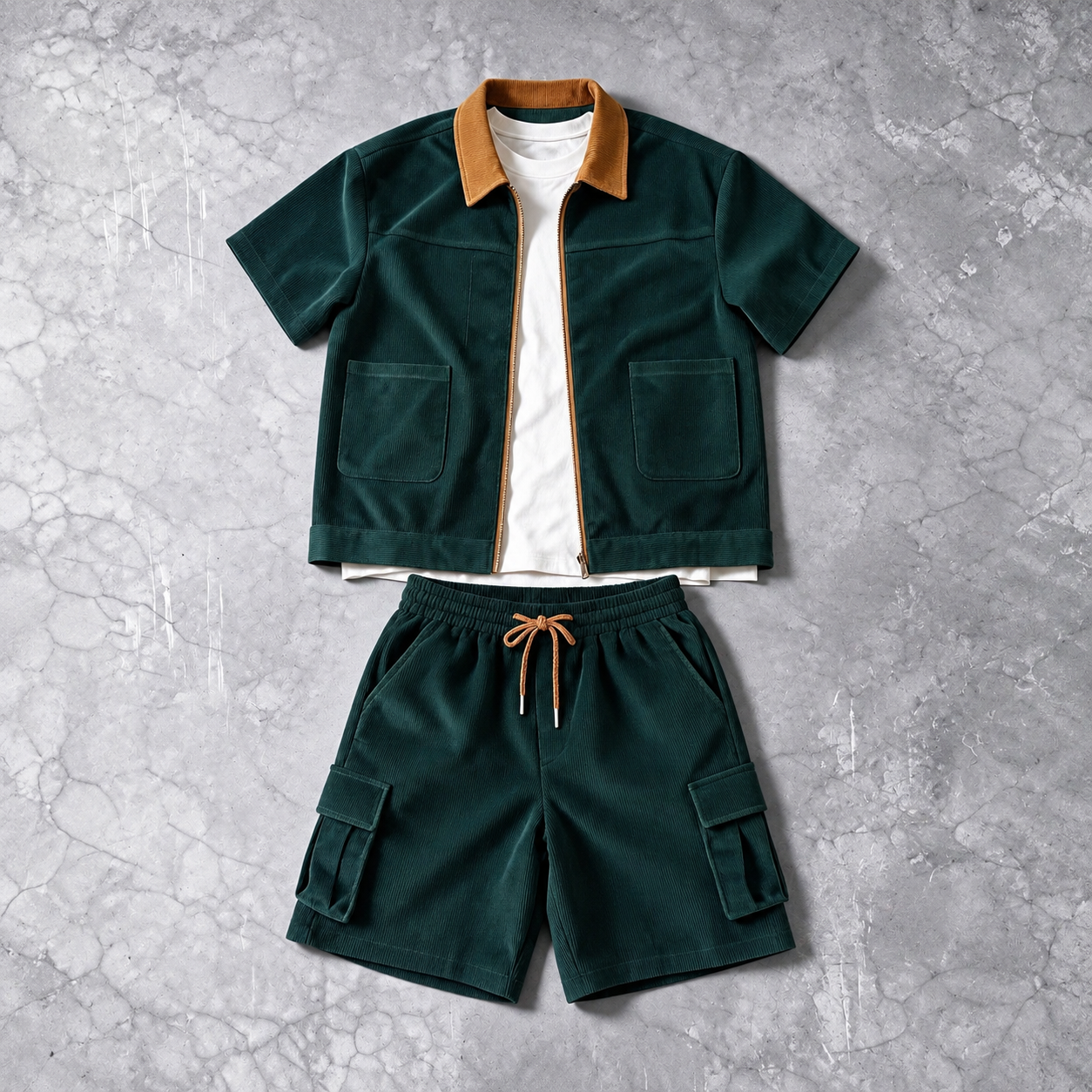 Contrast Corduroy Short Sleeve and Cargo Shorts Two Piece Set for Men