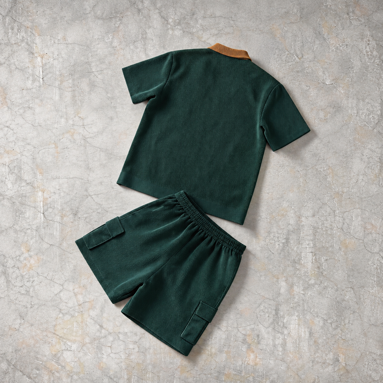 Contrast Corduroy Short Sleeve and Cargo Shorts Two Piece Set for Men