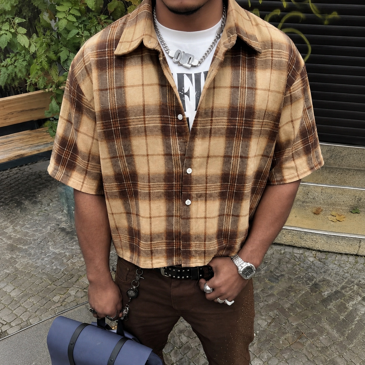 Retro Plaid Short Sleeve Button Down Casual Holiday Shirt For Men