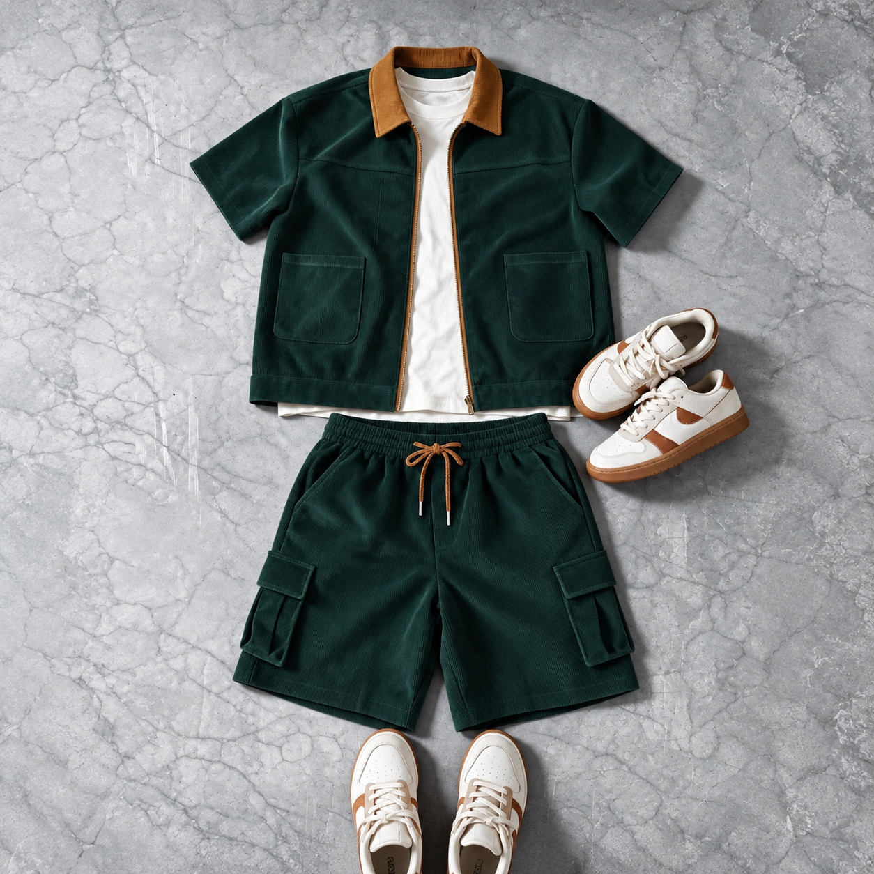 Contrast Corduroy Short Sleeve and Cargo Shorts Two Piece Set for Men