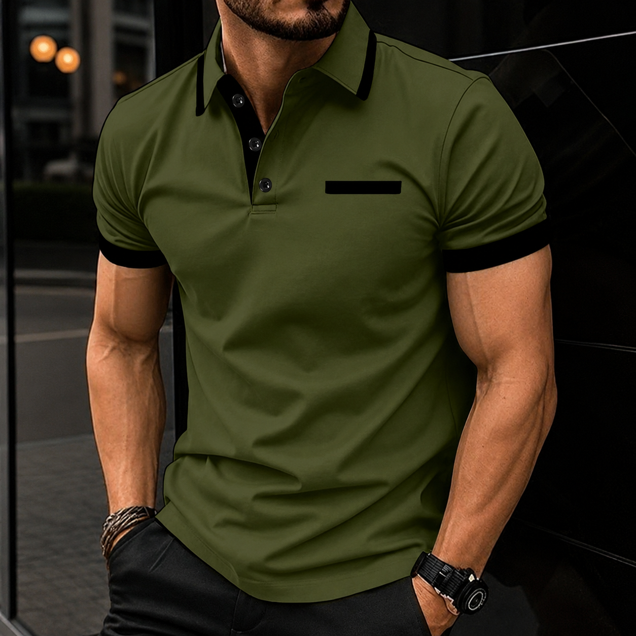 Regular Fit Short Sleeve Polo Shirt With Striped Collar For Men