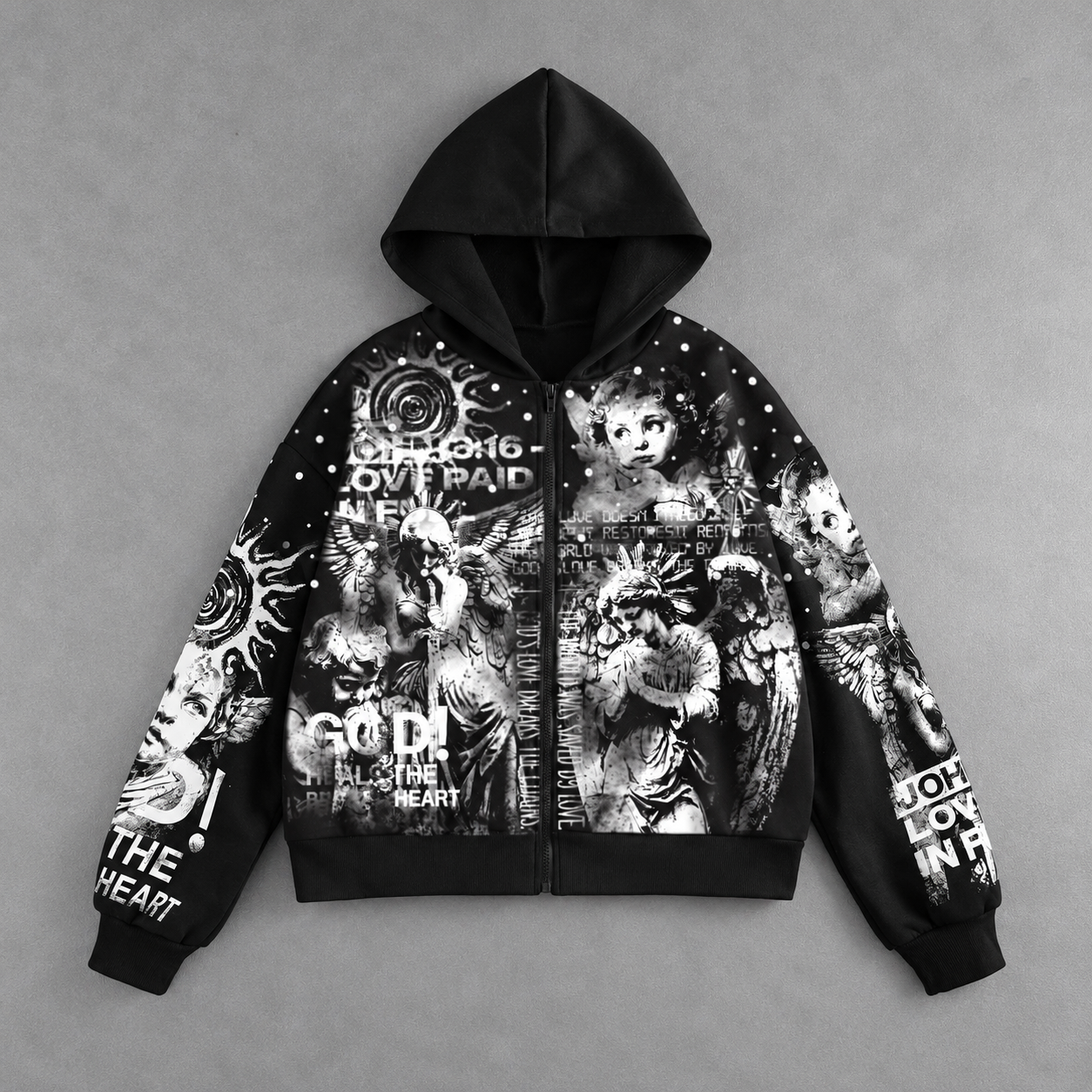 Loose Fit Angel Print Zip Up Casual Hoodie for Men
