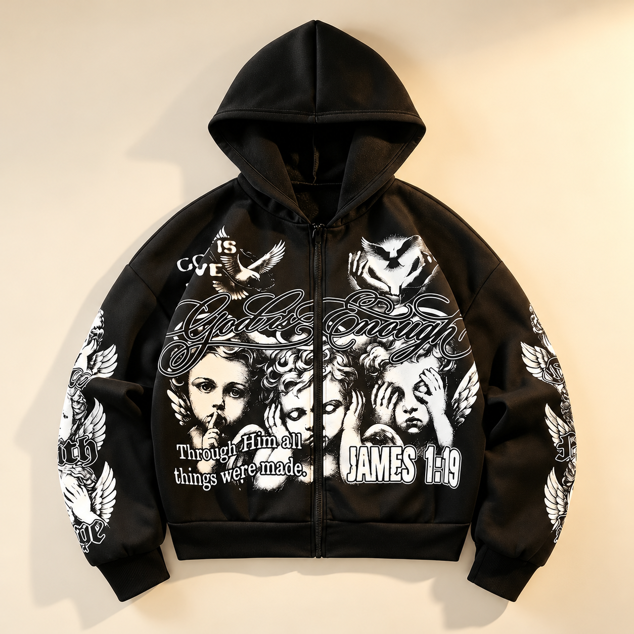 Loose Fit Angel Print Zip Up Casual Hoodie for Men