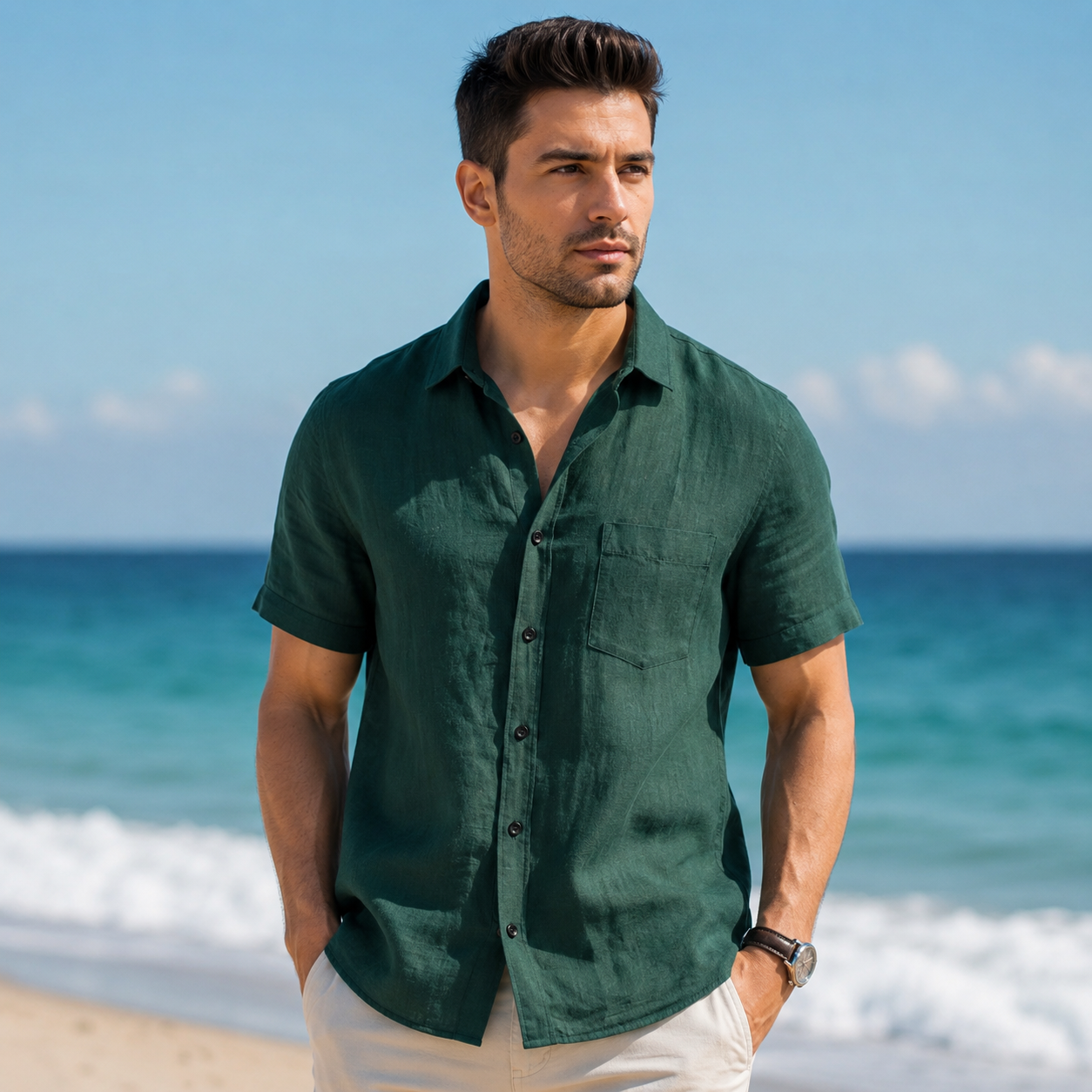 Casual Solid Short Sleeve Beach Shacket Shirt For Men
