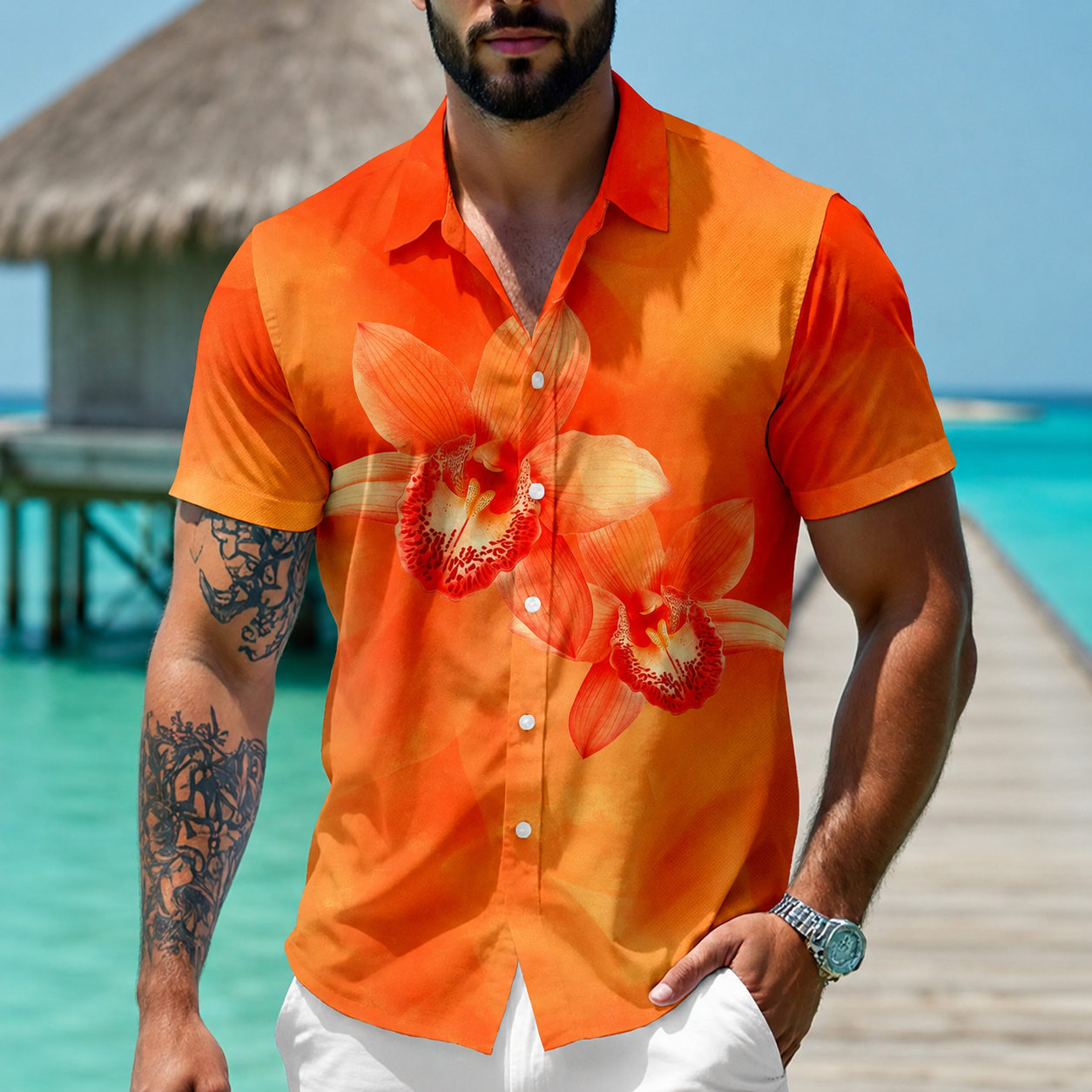 Classic Printed Holiday Short Sleeve Shirt Button Up For Men